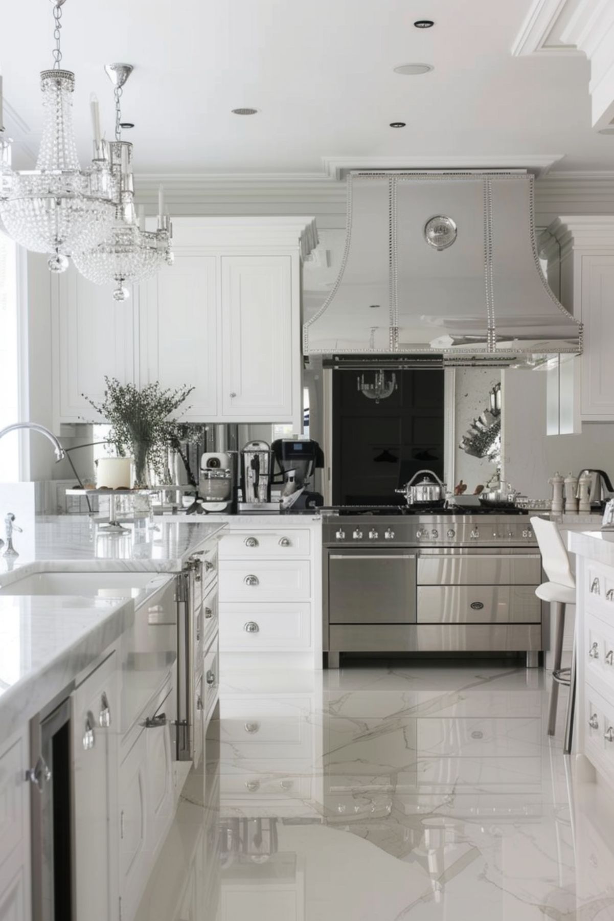 An opulent kitchen space characterized by its lavish design elements, featuring a mirrored range hood and elegant crystal chandeliers. The kitchen showcases polished white cabinetry and a gleaming marble floor that reflects the sophisticated lighting fixtures. Decorative accents include ornate handles and faucets, enhancing the luxurious feel of the interior.