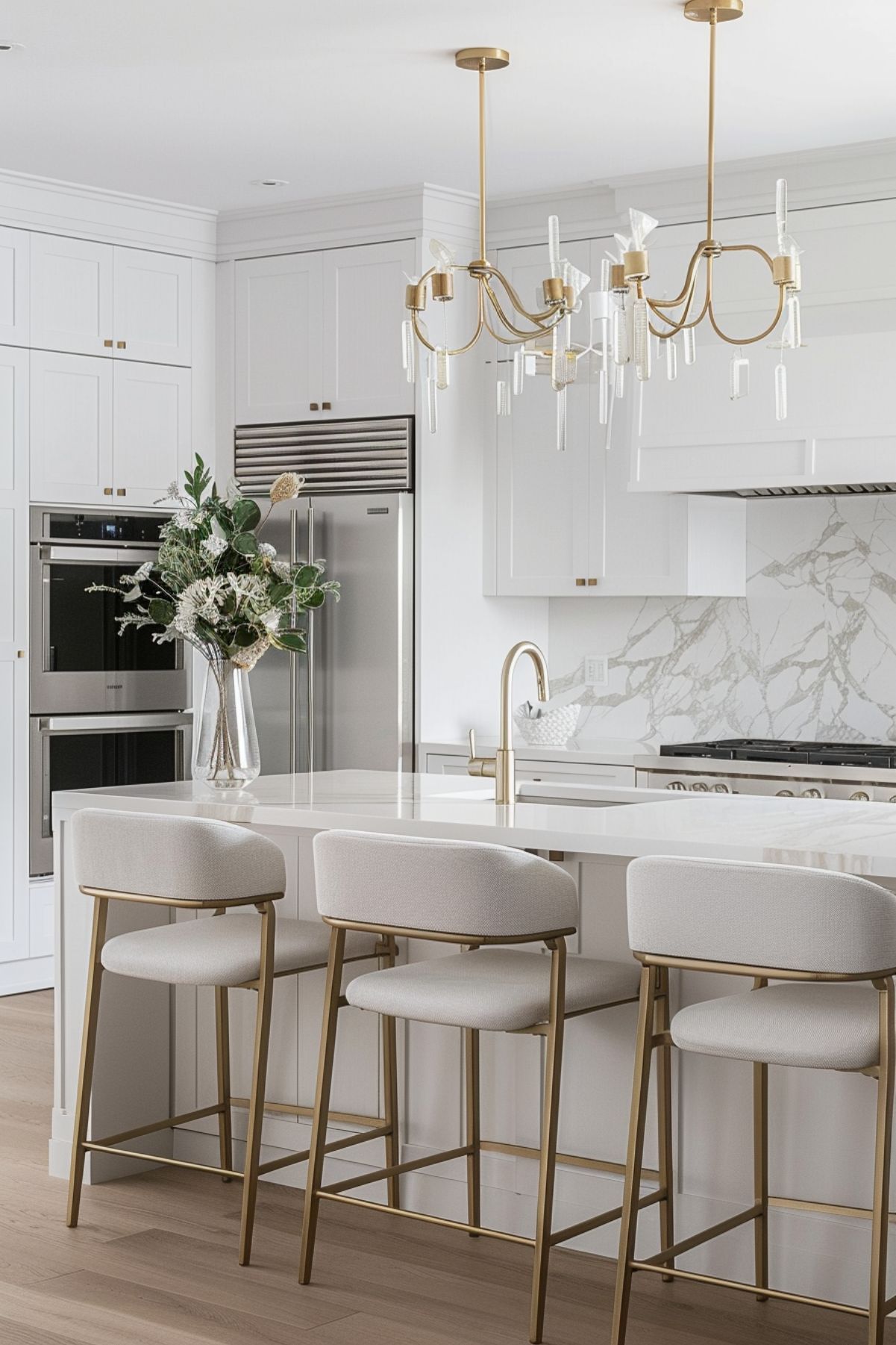 A sleek and modern kitchen showcasing a clean white and gold color scheme. This space features an elegant marble island with stylish gold-legged bar stools, white cabinetry, and a sophisticated marble backsplash. The look is completed with unique gold chandeliers that add a contemporary flair, while a bouquet of fresh flowers on the island brings a touch of nature indoors.