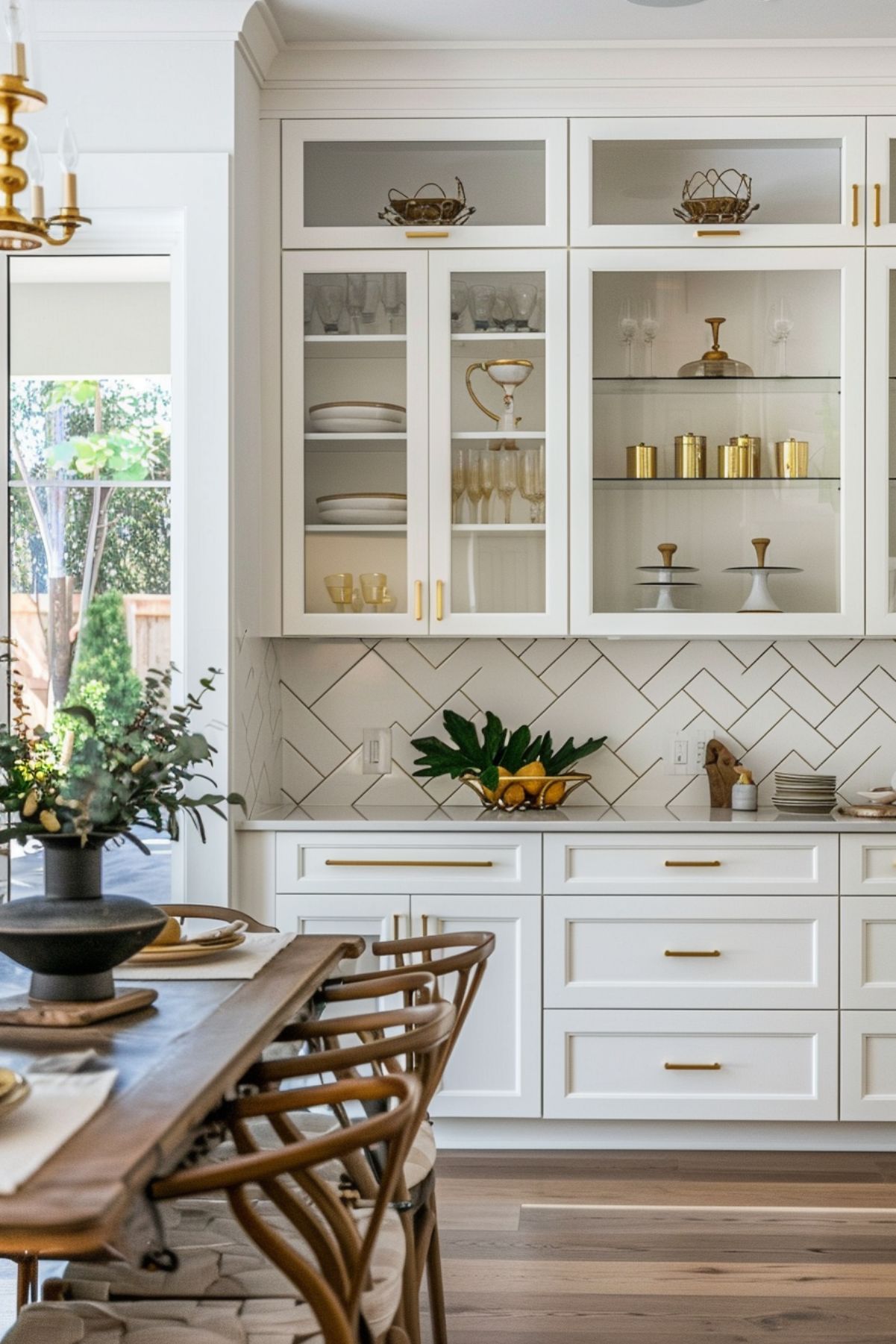 A warm and inviting kitchen showcasing an elegant display cabinet with glass doors revealing neatly organized dinnerware accented with gold. The kitchen features white cabinetry, a herringbone tile backsplash, and gold hardware that complements the sophisticated look. A rustic wooden dining table with unique chairs adds a touch of organic charm, while decorative greenery and a bowl of fresh lemons provide vibrant natural elements.






