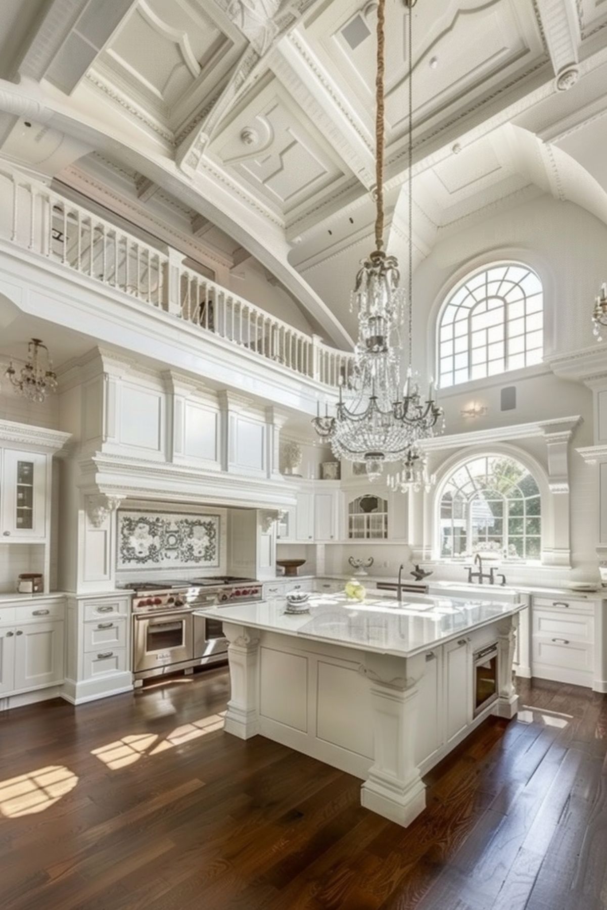 A grand and majestic kitchen, featuring soaring high ceilings detailed with intricate white moldings and an elegant chandelier. The space includes a large central island, classical white cabinetry, and a sophisticated arch window that floods the room with natural light. Overlooking the kitchen is a second-story balcony that adds an additional layer of opulence to this palatial setting.