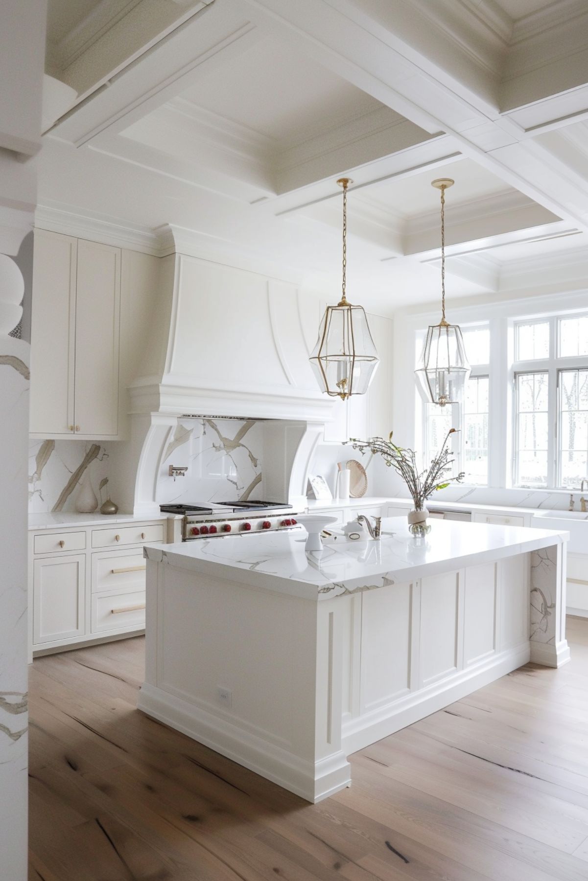 A serene and elegant kitchen featuring a clean, all-white theme complemented by natural light wood flooring. The island at the center has a marble countertop and is framed by distinctive white cabinetry that matches the grand custom range hood above. Delicate pendant lights with a metallic finish hang from a detailed coffered ceiling, enhancing the kitchen's sophisticated and airy atmosphere.