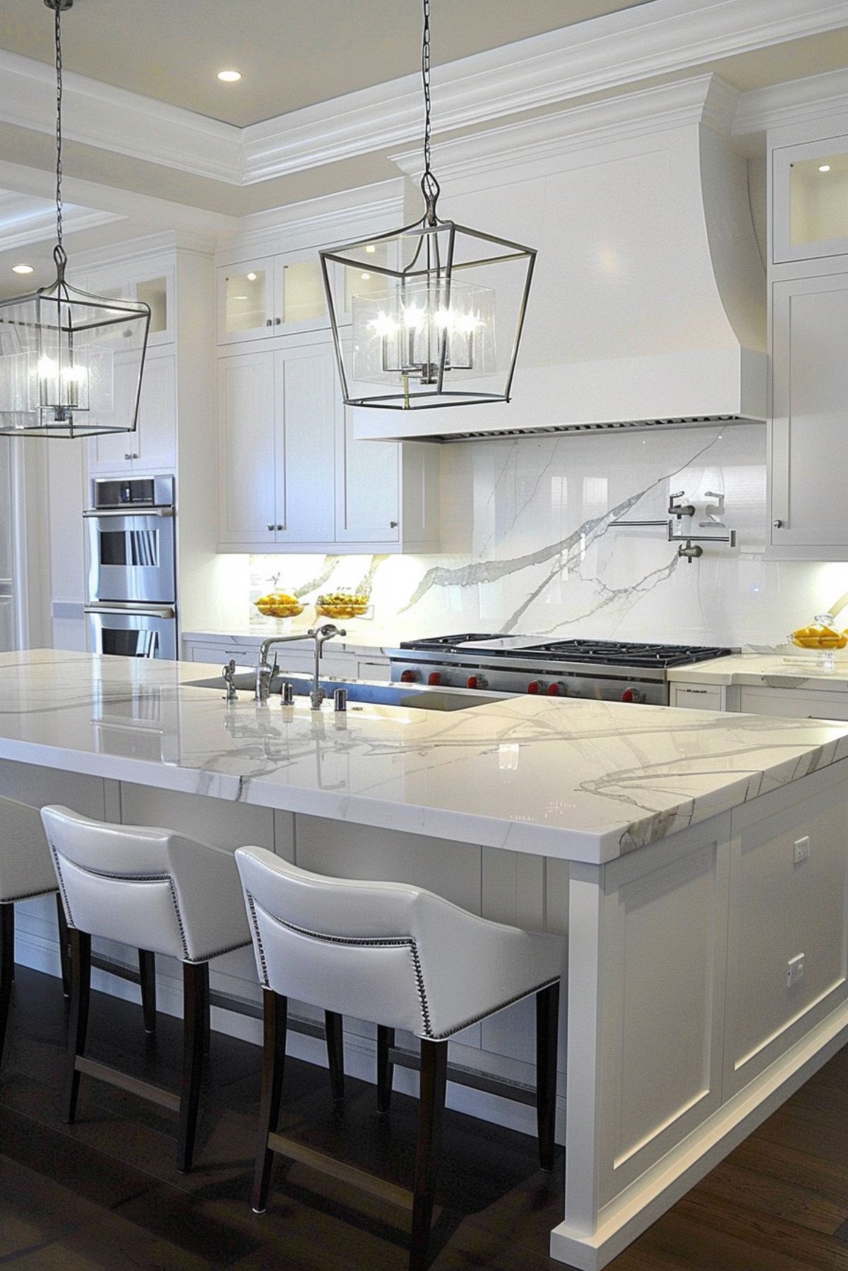 A sleek and contemporary kitchen with a spacious white island topped with a polished marble countertop, surrounded by stylish white leather bar stools. The room features clean, white cabinetry and modern appliances, complemented by unique geometric pendant lights that add an industrial touch. The rich, dark wooden floors contrast beautifully with the overall bright and modern aesthetic of the space.