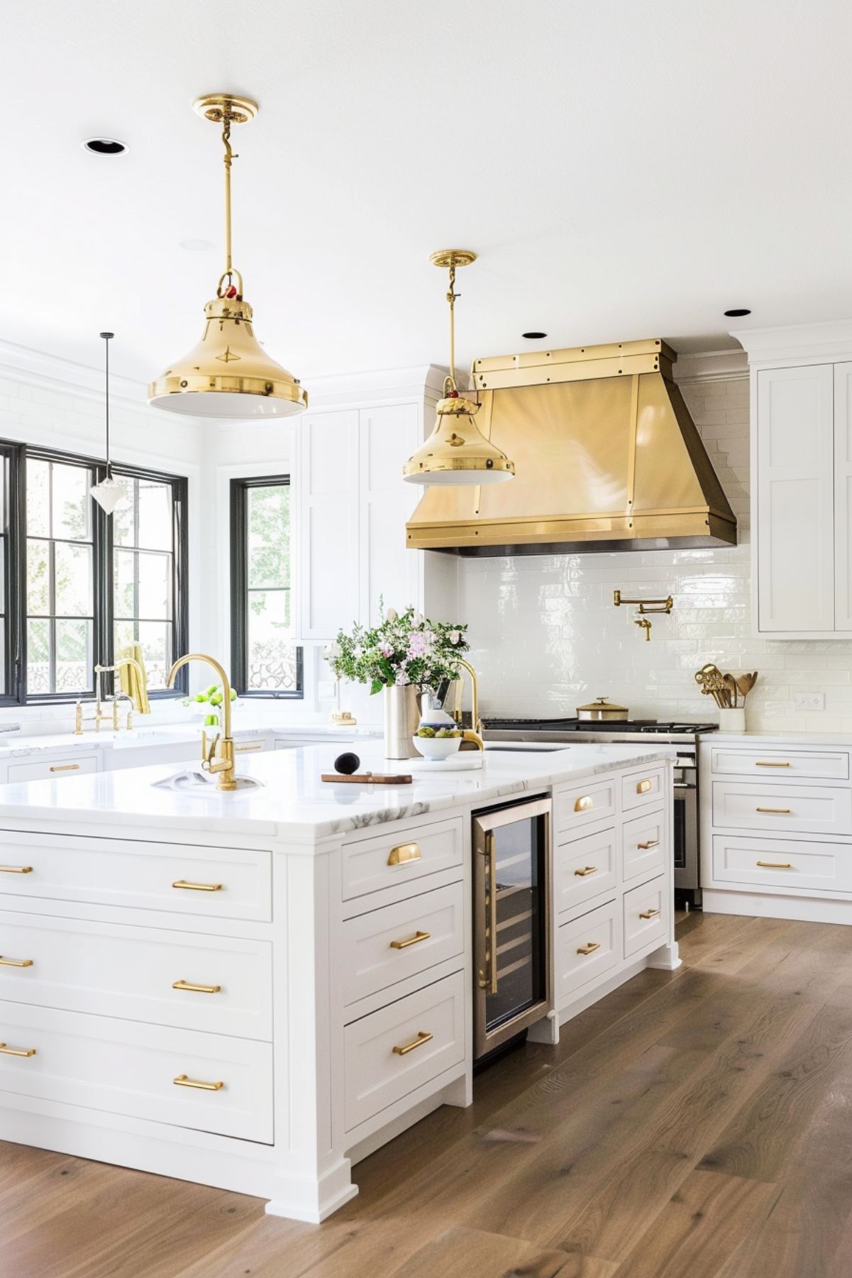 This kitchen exudes elegance with its combination of crisp white cabinetry and luxurious gold accents. The large central island and white marble countertops provide a pristine workspace, highlighted by unique gold pendant lights and a matching gold range hood that add a touch of opulence. Subtle details like gold handles on the cabinets and faucets complement the sophisticated color scheme, while the natural light from large windows creates a bright and inviting atmosphere.