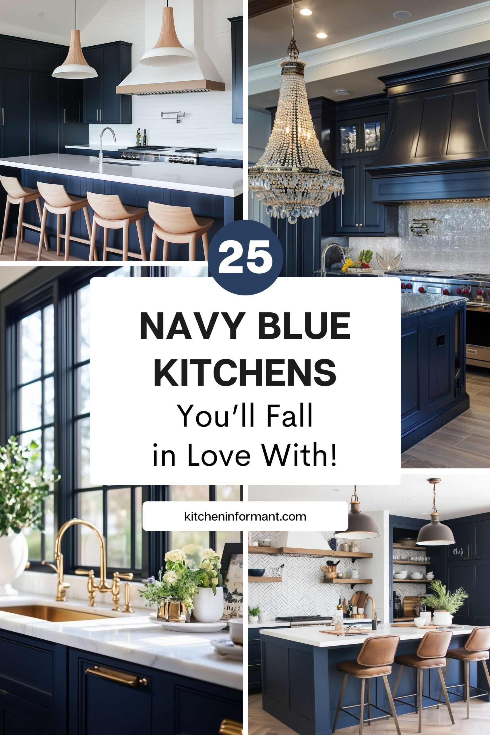 25 Navy Blue Kitchens You’ll Fall in Love With graphic collage.