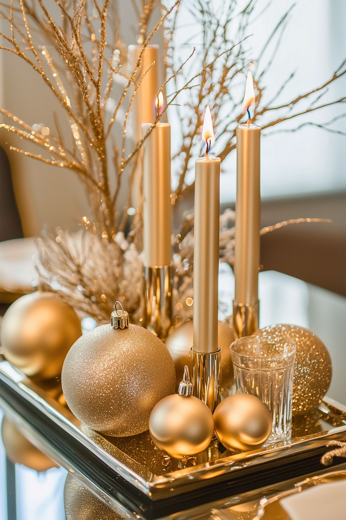 Luxurious holiday centerpiece featuring gold ornaments, candles, and glittering branches, adding a touch of elegance and warmth to festive decor.