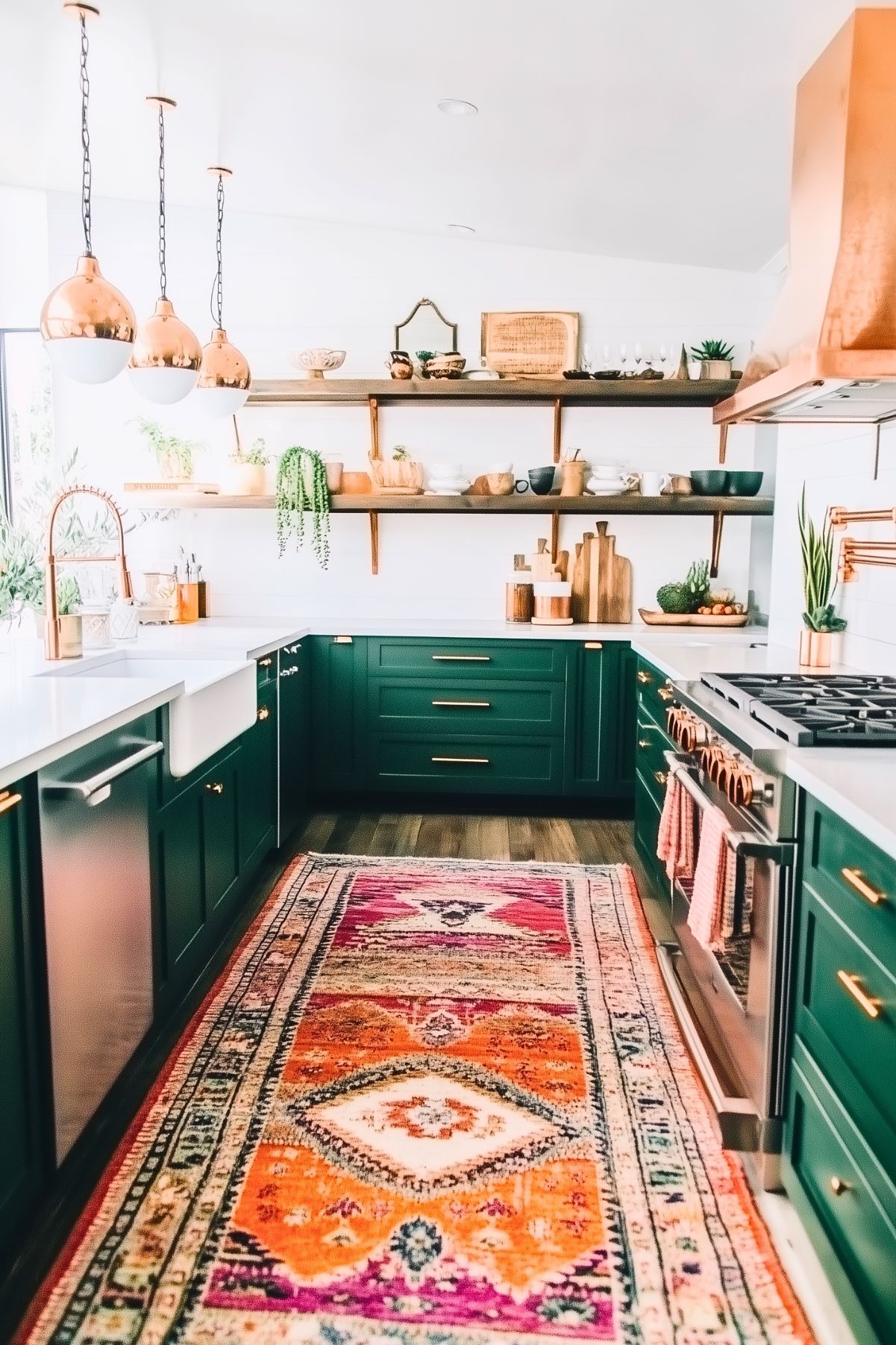 A vibrant kitchen with dark green cabinets and copper accents, including pendant lights and hardware. The kitchen is designed with a bright white countertop and a farmhouse sink, complemented by open wooden shelves displaying dishware and plants. A bold, colorful patterned rug runs along the floor, adding a playful touch to the space. Copper elements, such as the range hood and faucet, add warmth and tie the look together. The combination of greenery, copper, and the bold rug creates a lively and inviting atmosphere.