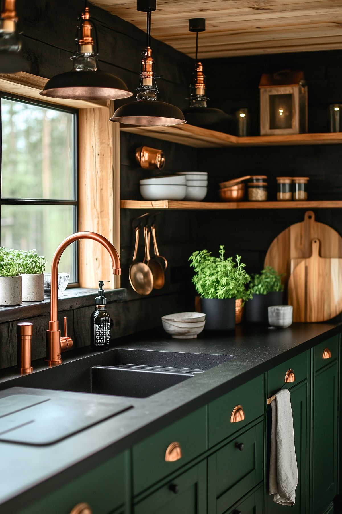 A cozy kitchen with dark green cabinets, copper hardware, and a black countertop. Copper pendant lights hang above, complementing the copper faucet and utensils. Wooden open shelves hold white dishes and small potted plants, adding a touch of warmth and greenery to the space.