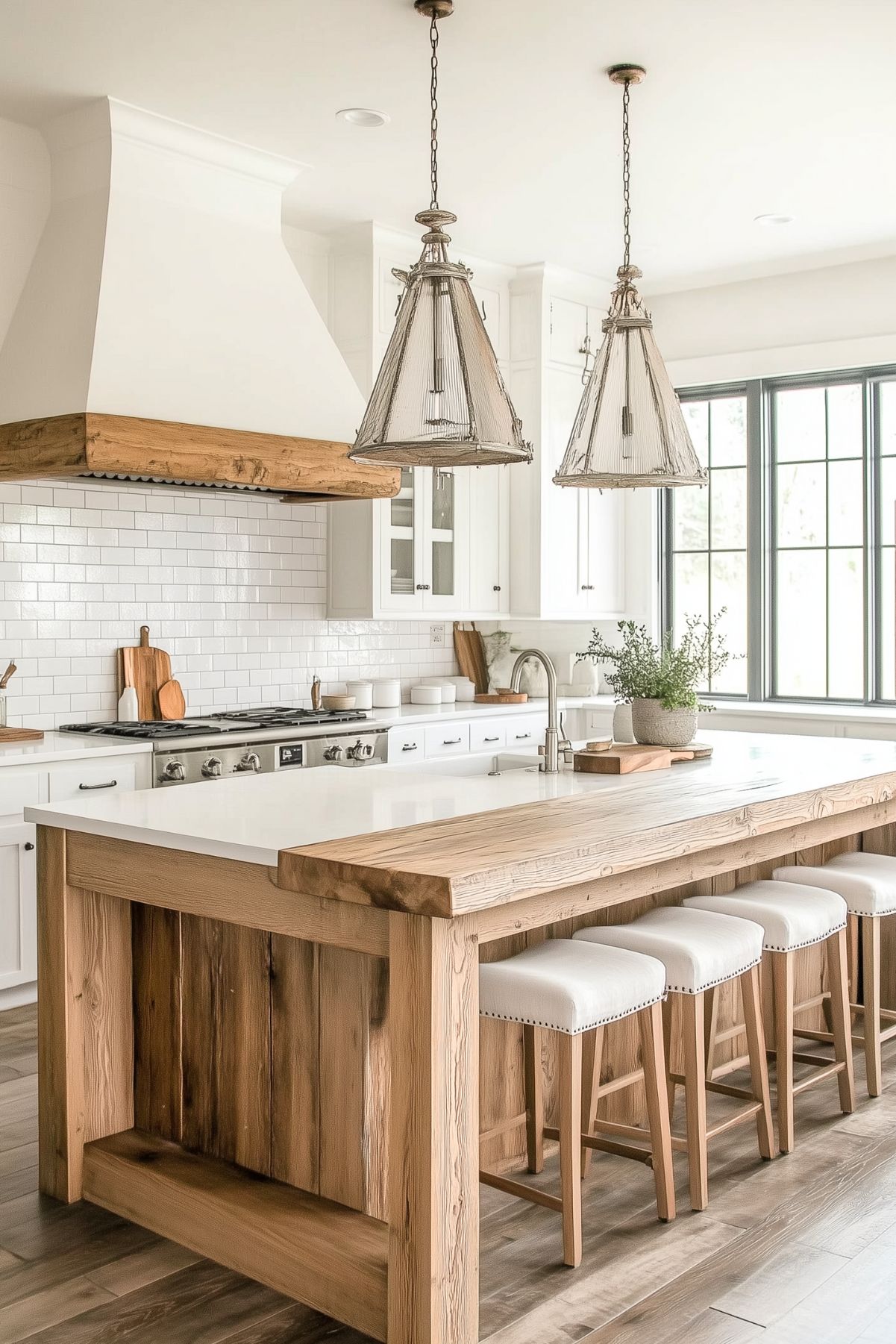 This kitchen seamlessly blends rustic charm with modern simplicity, featuring a large wooden island at its center paired with plush white stools for a comfortable seating area. Above the island, two vintage-inspired lantern pendant lights add a touch of aged elegance. The white subway tile backsplash and white cabinetry keep the space feeling bright and clean, while the natural wood elements, including the bold wooden range hood, introduce warmth and texture to the design.