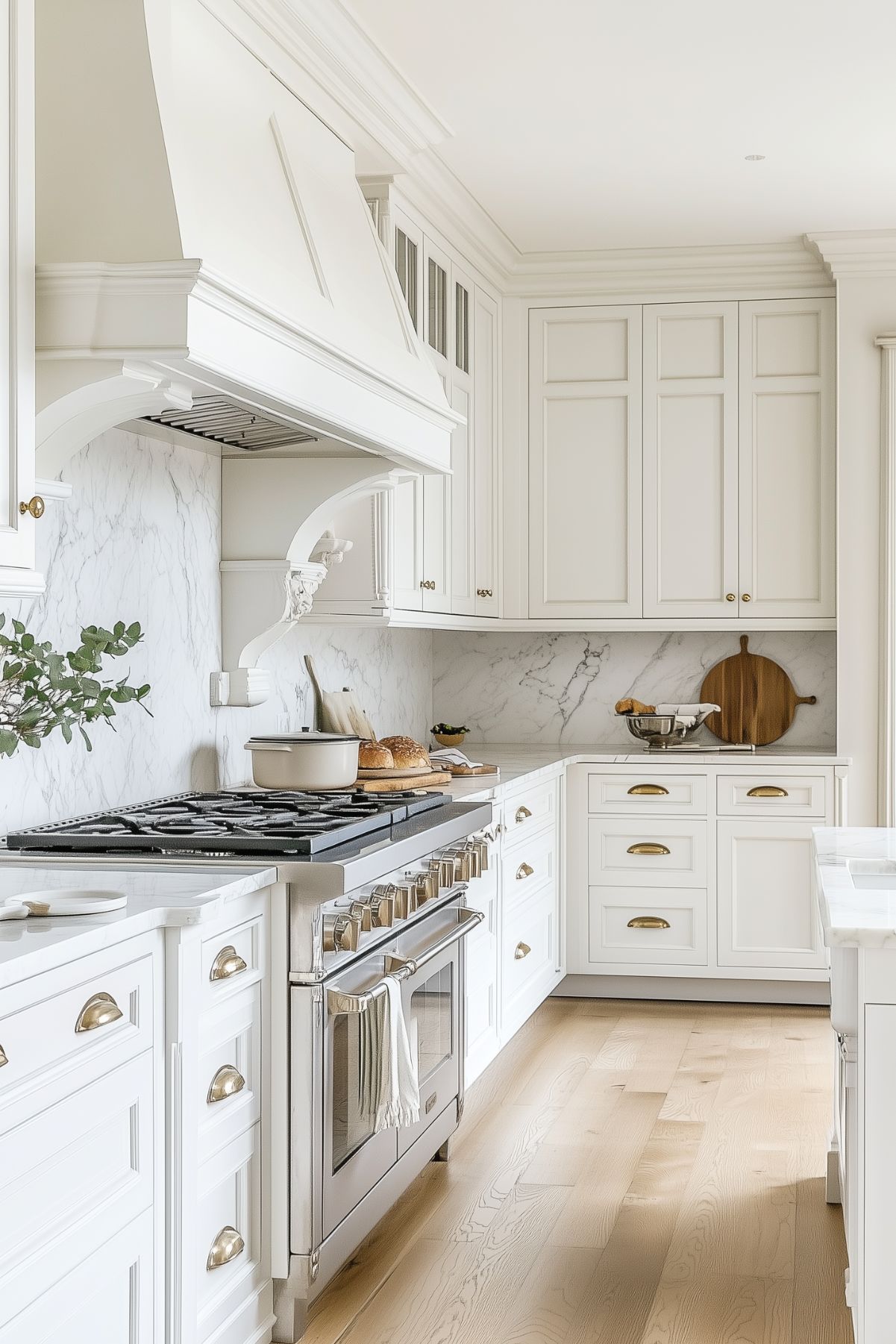 This kitchen features a classic design with luxurious touches, highlighted by its extensive use of white marble for both the countertops and the full backsplash. The elegant custom white cabinetry provides ample storage and is detailed with gold hardware, adding a subtle hint of luxury. The large cooking range with a custom hood above stands as a centerpiece, adorned with decorative corbels and detailed woodwork that echo traditional craftsmanship. Light wood flooring complements the bright and airy feel of the space, creating a welcoming and sophisticated kitchen environment.