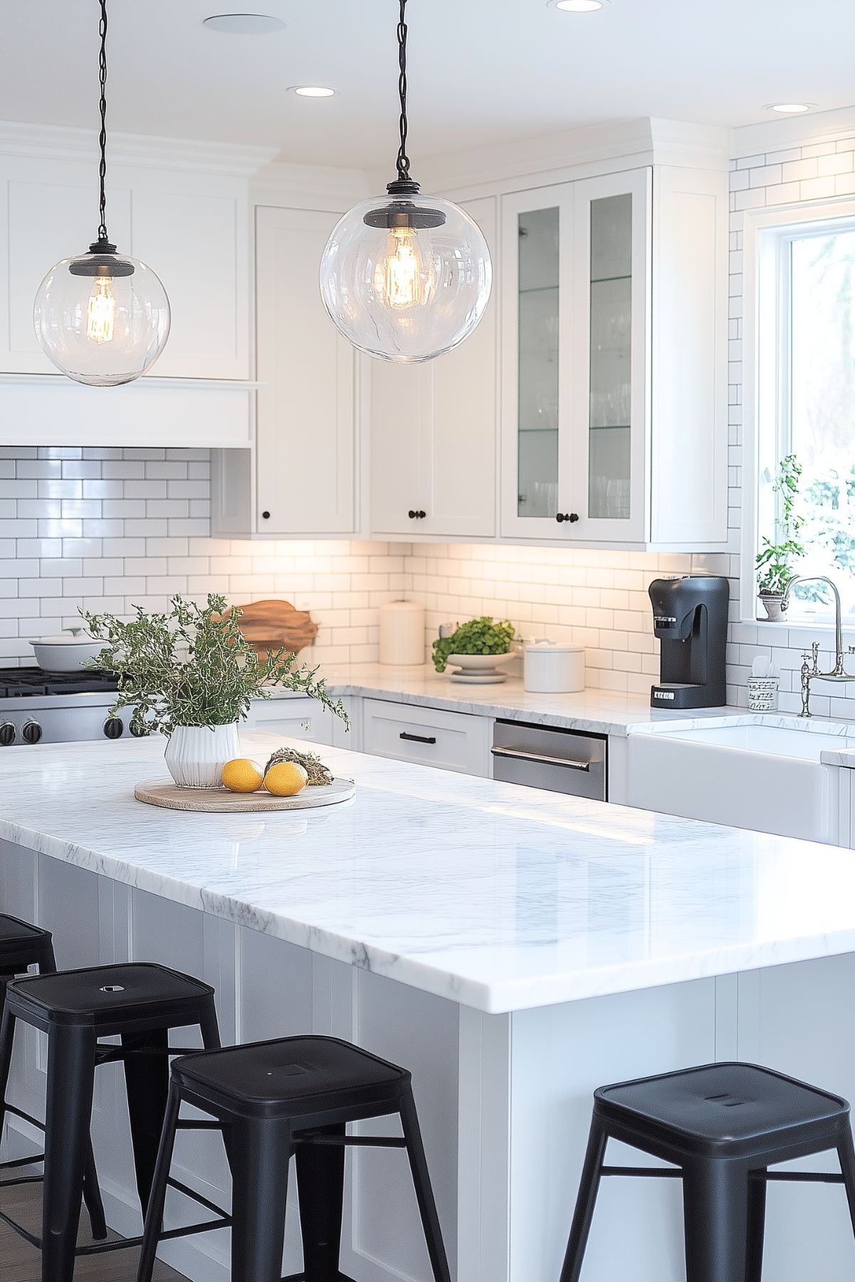 This contemporary kitchen strikes a balance between functionality and style, featuring a clean, all-white design with subtle modern elements. The white marble island serves as a focal point, topped with a casual arrangement of herbs and fruits, and surrounded by sleek black bar stools for a stark contrast. Above the island, large glass pendant lights add a touch of elegance without overwhelming the space. The white subway tile backsplash and minimalistic cabinetry ensure the kitchen feels open and airy, with large windows providing abundant natural light.