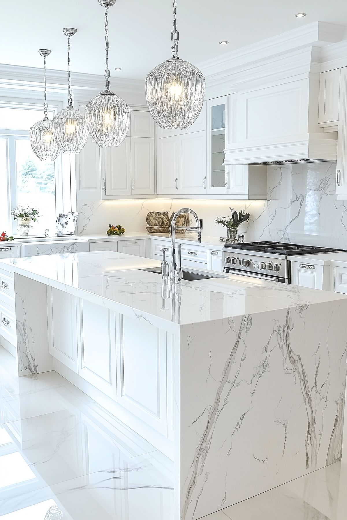 This luxurious kitchen boasts an opulent design with its striking marble island and matching countertops that extend throughout the space. The glossy finish of the floors reflects the dazzling crystal chandelier-style pendant lights, adding a sophisticated sparkle to the room. White cabinetry with detailed moulding complements the pristine aesthetic, while the large windows ensure the space is bathed in natural light, highlighting the sleekness and pure elegance of the design.