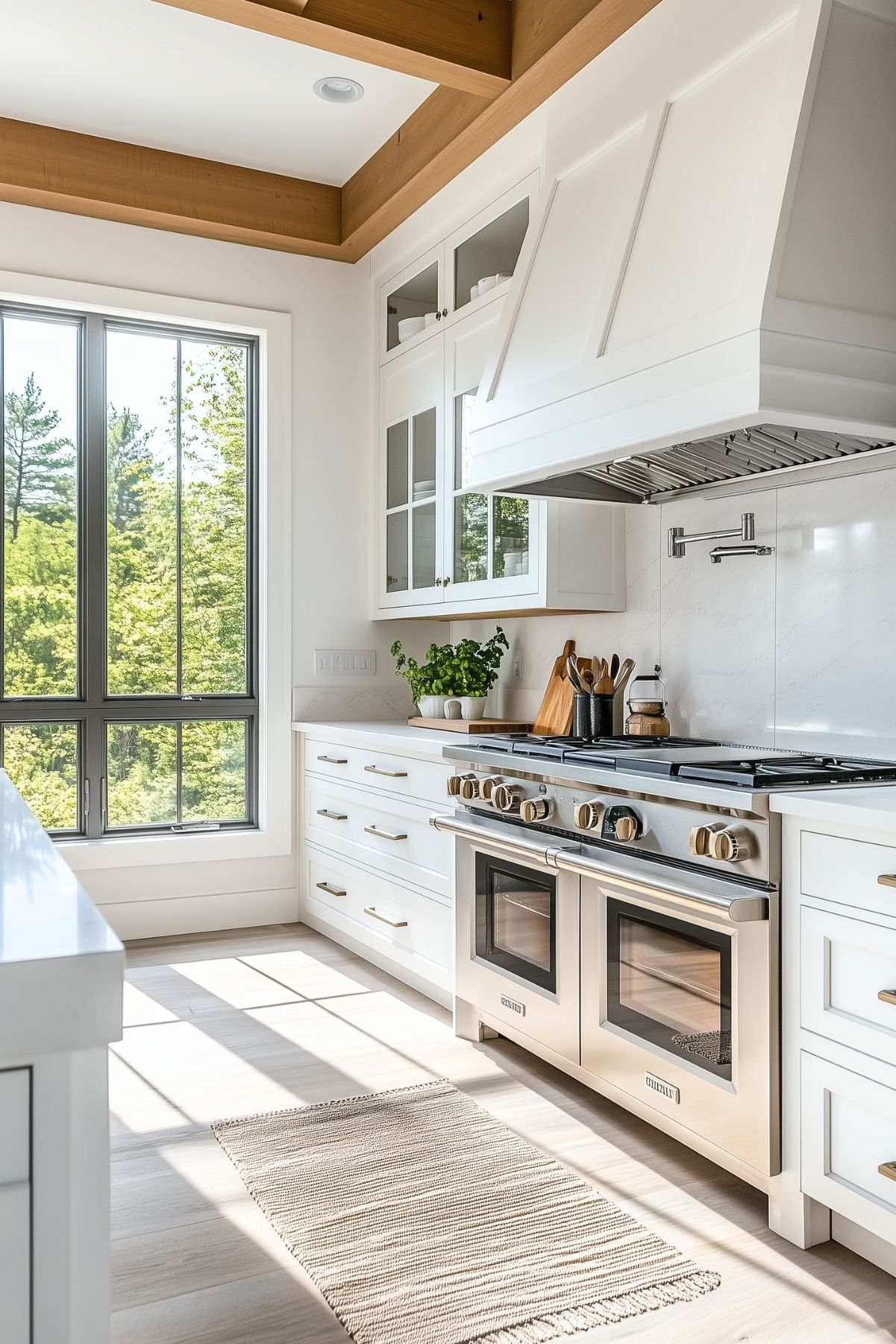 This kitchen blends contemporary design with natural elements, featuring clean white cabinetry and a marble backsplash that creates a fresh, bright atmosphere. The large windows provide a picturesque view of the surrounding greenery, filling the space with natural light. Warm wooden accents in the ceiling and a simple rug on the floor add warmth and texture, complementing the modern stainless steel appliances for a balanced, inviting look.