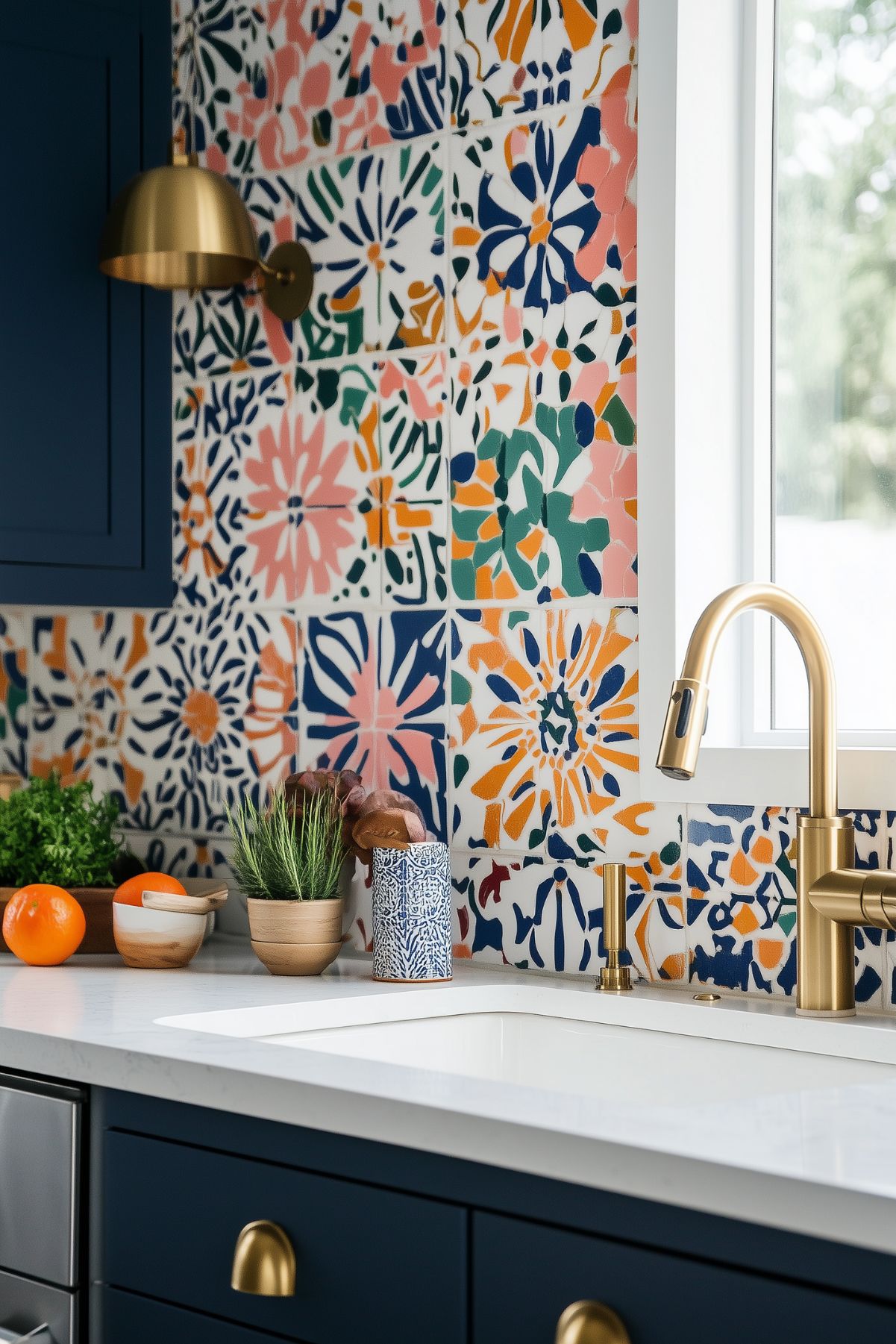 A vibrant kitchen featuring a colorful floral-patterned tile backsplash that adds a lively touch to the space. The navy blue cabinetry is paired with gold hardware and a matching brass faucet. Small potted plants, fresh produce, and wooden bowls on the white countertop bring warmth and natural elements to the cheerful, modern design.