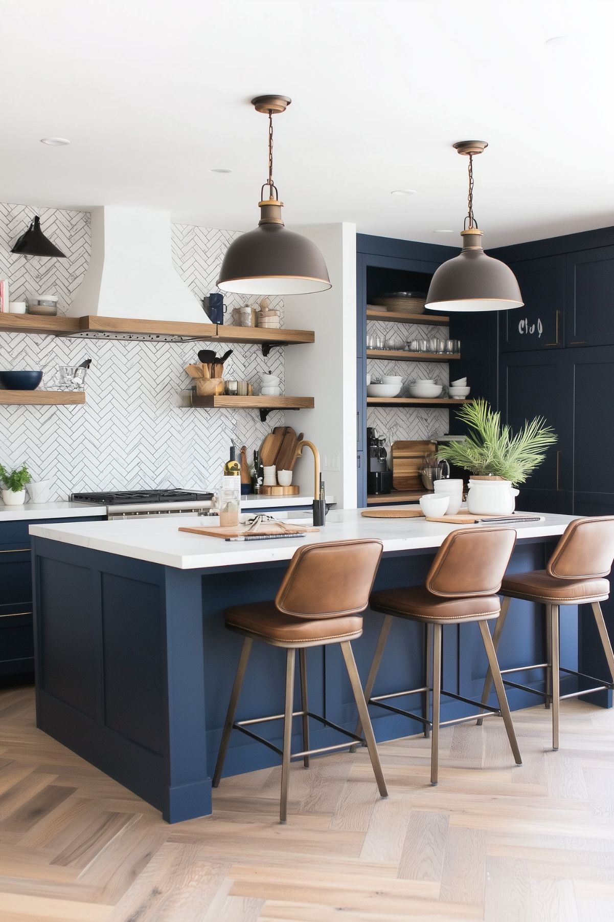 A cozy, modern kitchen featuring navy blue cabinetry and a large island with a white countertop. Brown leather barstools with brass frames add a warm contrast, while industrial-style pendant lights hang above the island. The herringbone-patterned backsplash and open wooden shelves enhance the inviting, contemporary feel of the space, creating a perfect balance of style and function.