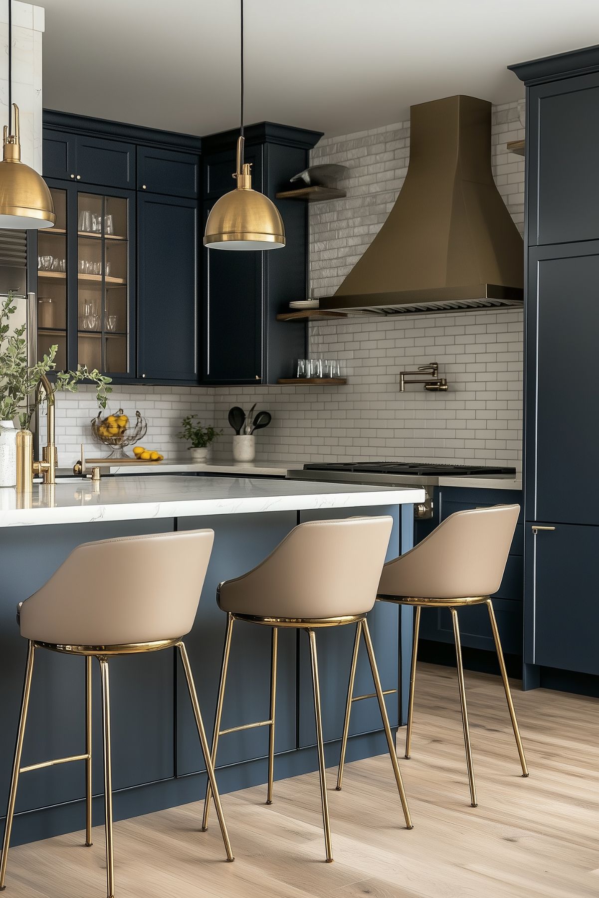 A stylish kitchen featuring navy blue cabinetry, a white marble countertop, and brass accents. The room is illuminated by two brass pendant lights above the island, with beige barstools accented with gold frames. The sleek brass range hood complements the neutral tones, while the subway tile backsplash and wooden shelves add a modern touch.