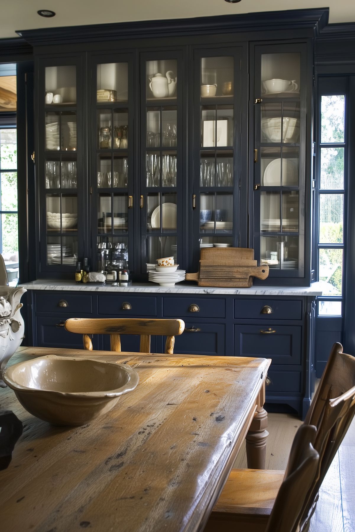 A traditional kitchen featuring navy blue cabinetry with glass-paneled doors, showcasing neatly arranged dishware and glassware. The cabinets are topped with a white marble countertop, and wooden cutting boards add a rustic touch. In the foreground, a wooden dining table with matching chairs enhances the cozy, farmhouse aesthetic.