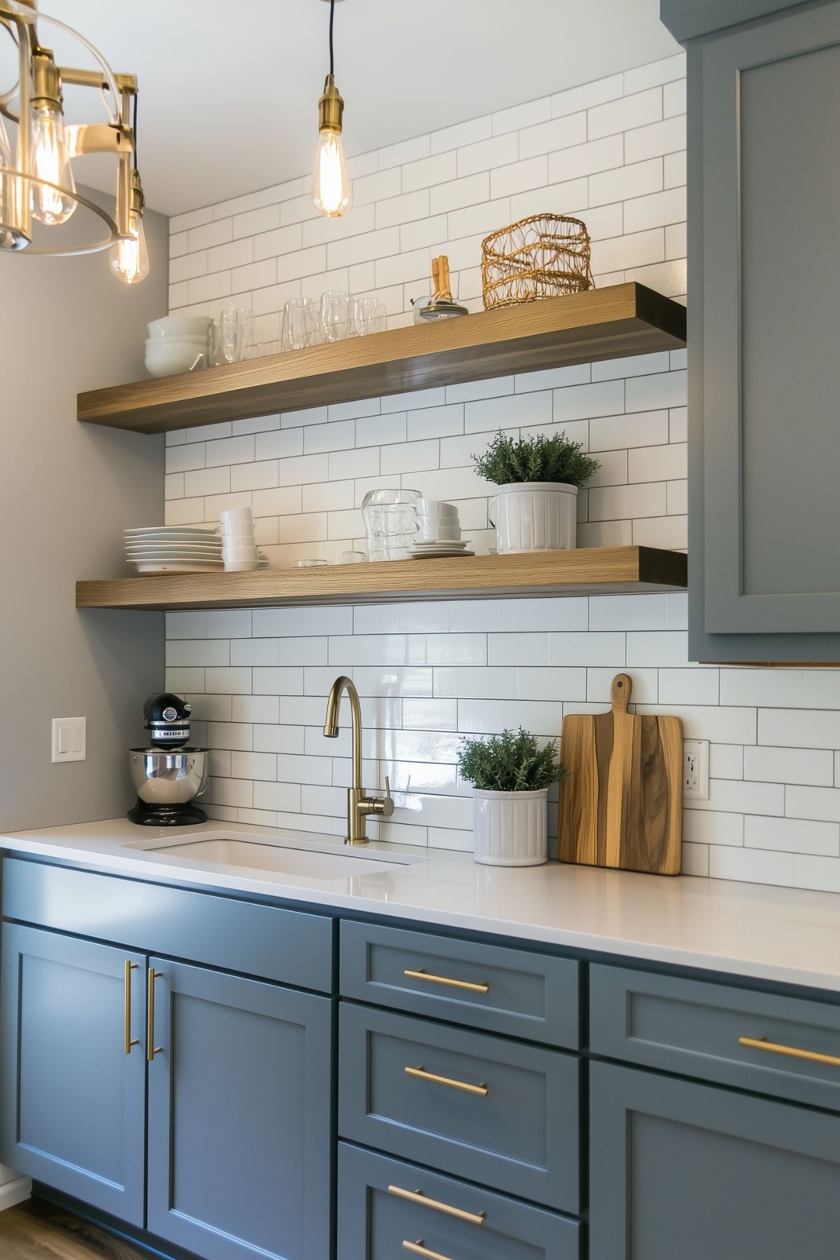 A small kitchen nook with blue-gray cabinets, white subway tile backsplash, and wooden open shelving. The shelves display glassware and decor, while the countertop is accented with a gold faucet and potted plants. The warm lighting and wooden cutting board add a cozy touch to the space.