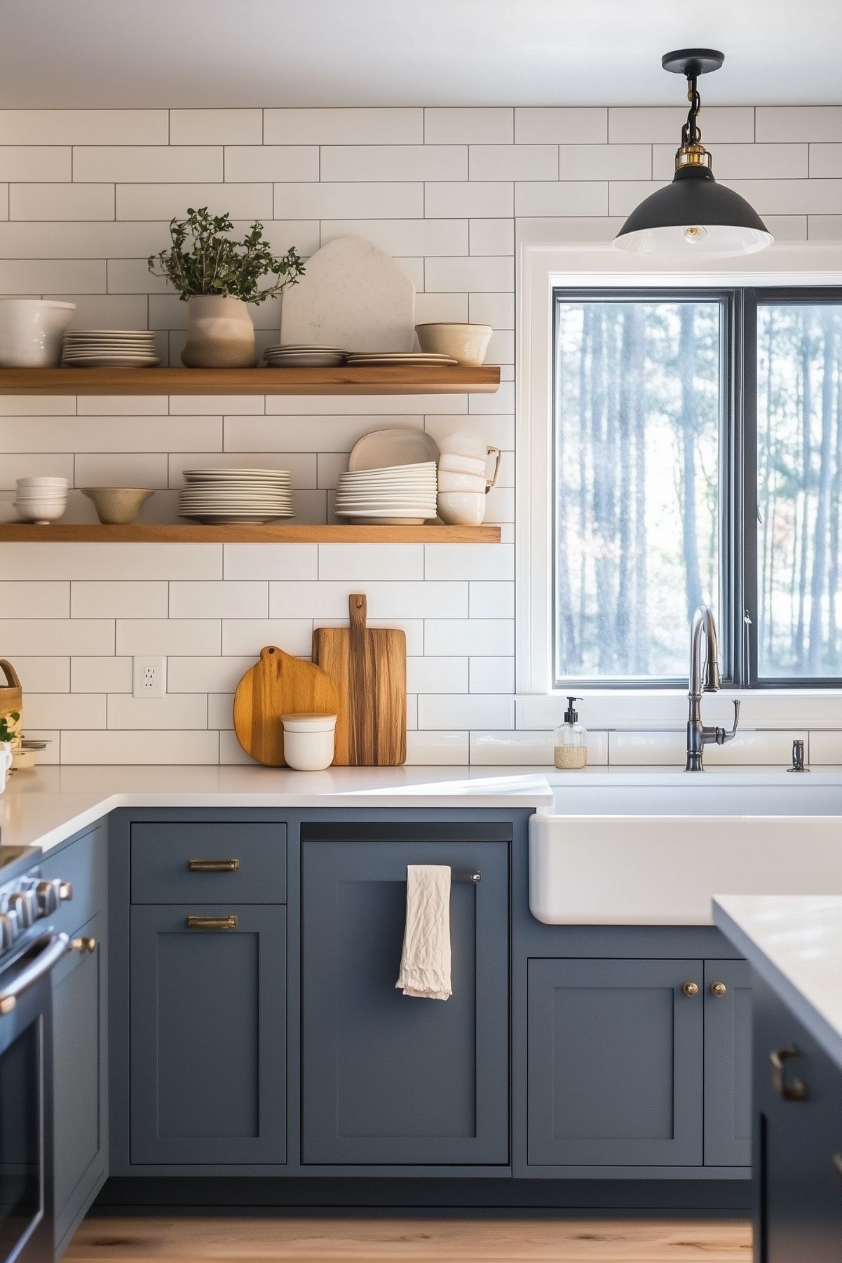 A cozy kitchen with blue-gray cabinets, a farmhouse sink, and a white subway tile backsplash. The open wooden shelves display neutral-toned dishware and decor, while wooden cutting boards add warmth to the design. A black pendant light hangs above, creating a clean and inviting atmosphere.