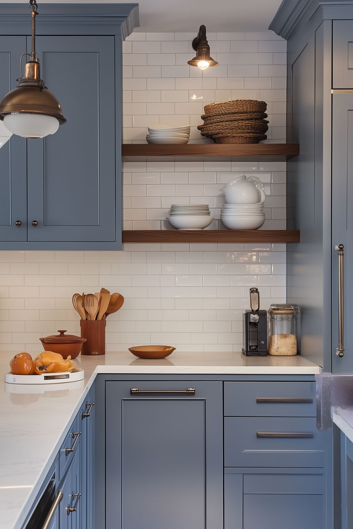 A cozy kitchen with blue-gray cabinets, white subway tile backsplash, and open wooden shelves displaying dishware. The countertops are white, decorated with kitchen essentials and a fruit display. A small light fixture adds warmth to the space.