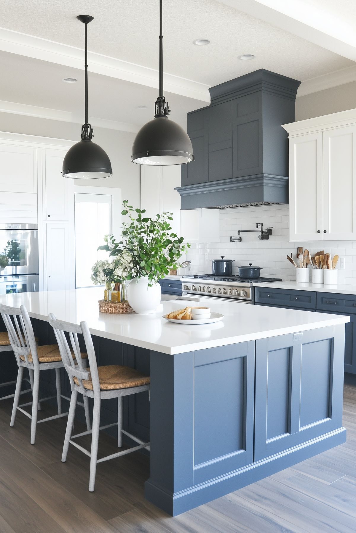 A bright kitchen with blue-gray cabinets, white countertops, and black pendant lights. The island has seating with wicker stools, and the space is decorated with plants and flowers.