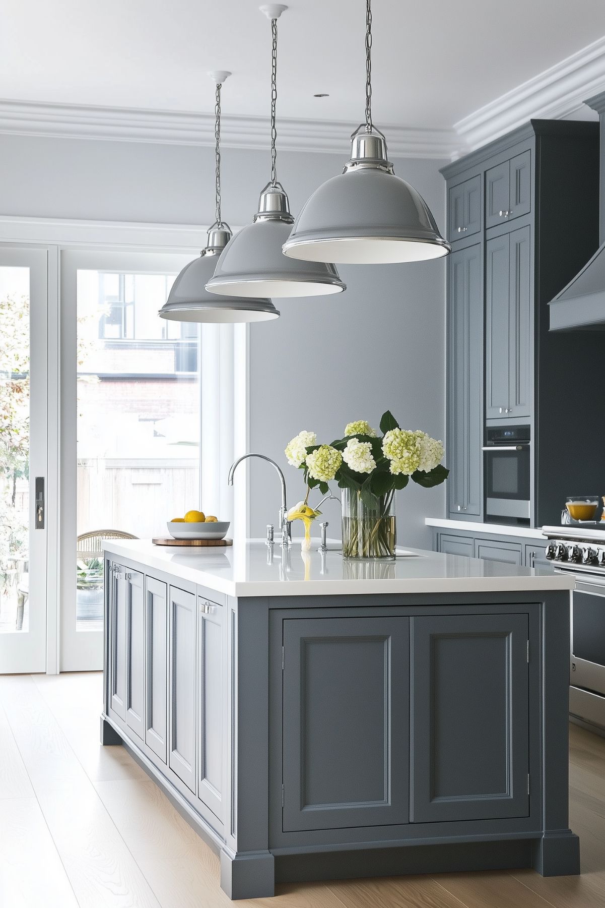 A modern kitchen featuring blue-gray cabinets, a white countertop island, and pendant lights hanging above.