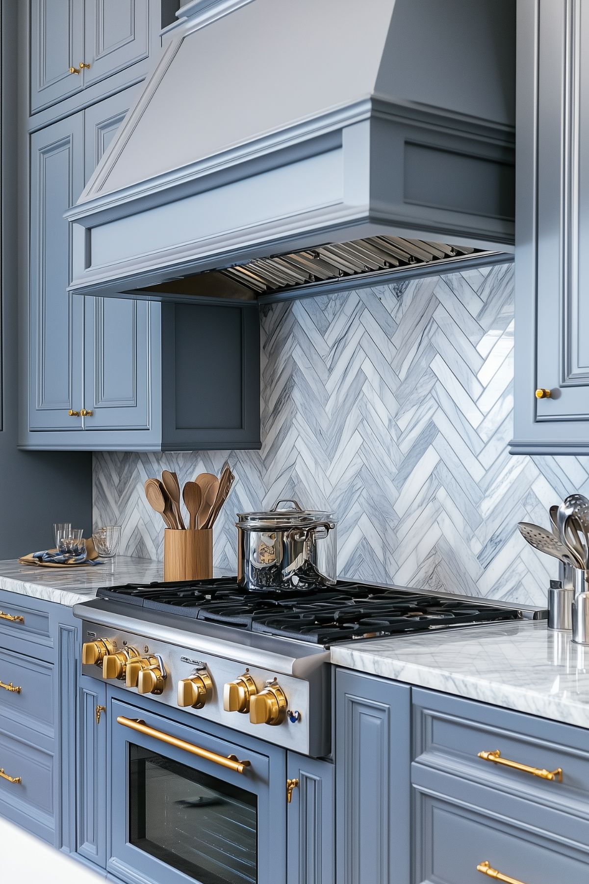 A stylish kitchen featuring blue-gray cabinets with gold hardware, a marble herringbone backsplash, and a stainless steel gas range with gold knobs.