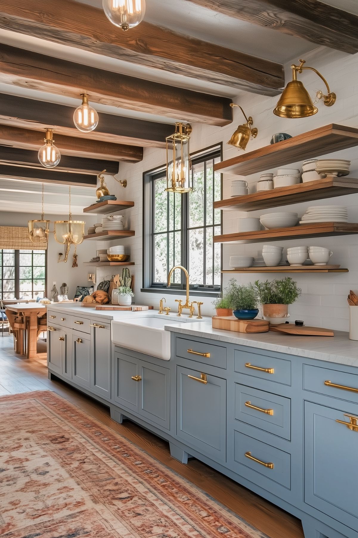 A rustic kitchen featuring blue-gray cabinets with gold hardware, open wooden shelving, and a farmhouse sink. The space is enhanced by exposed wooden beams on the ceiling, brass lighting fixtures, and a vintage-style rug. The countertops are styled with plants and kitchenware, creating a cozy, lived-in feel.