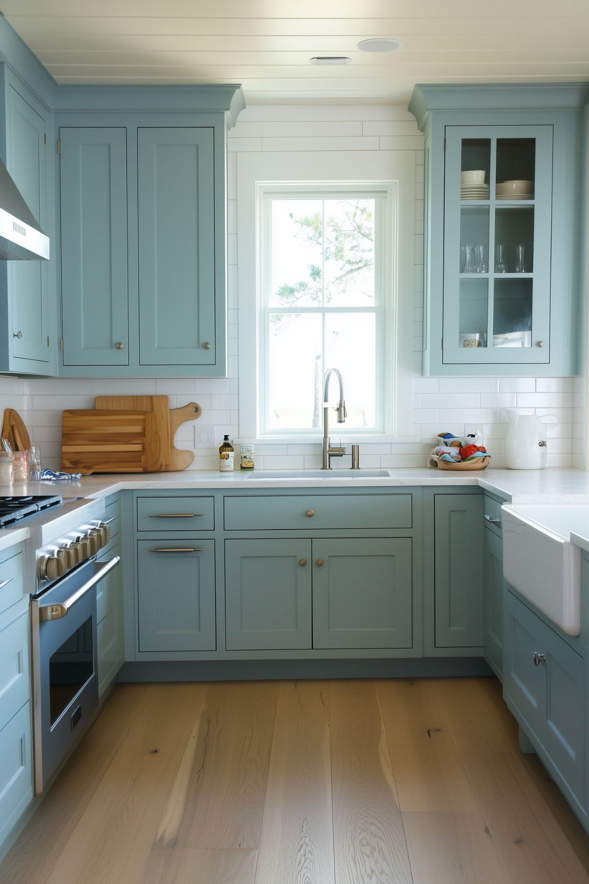 A charming kitchen with light blue-gray cabinets, white countertops, and a farmhouse sink. The space features a large window above the sink, providing natural light, and is accented with wooden cutting boards and stainless steel appliances.