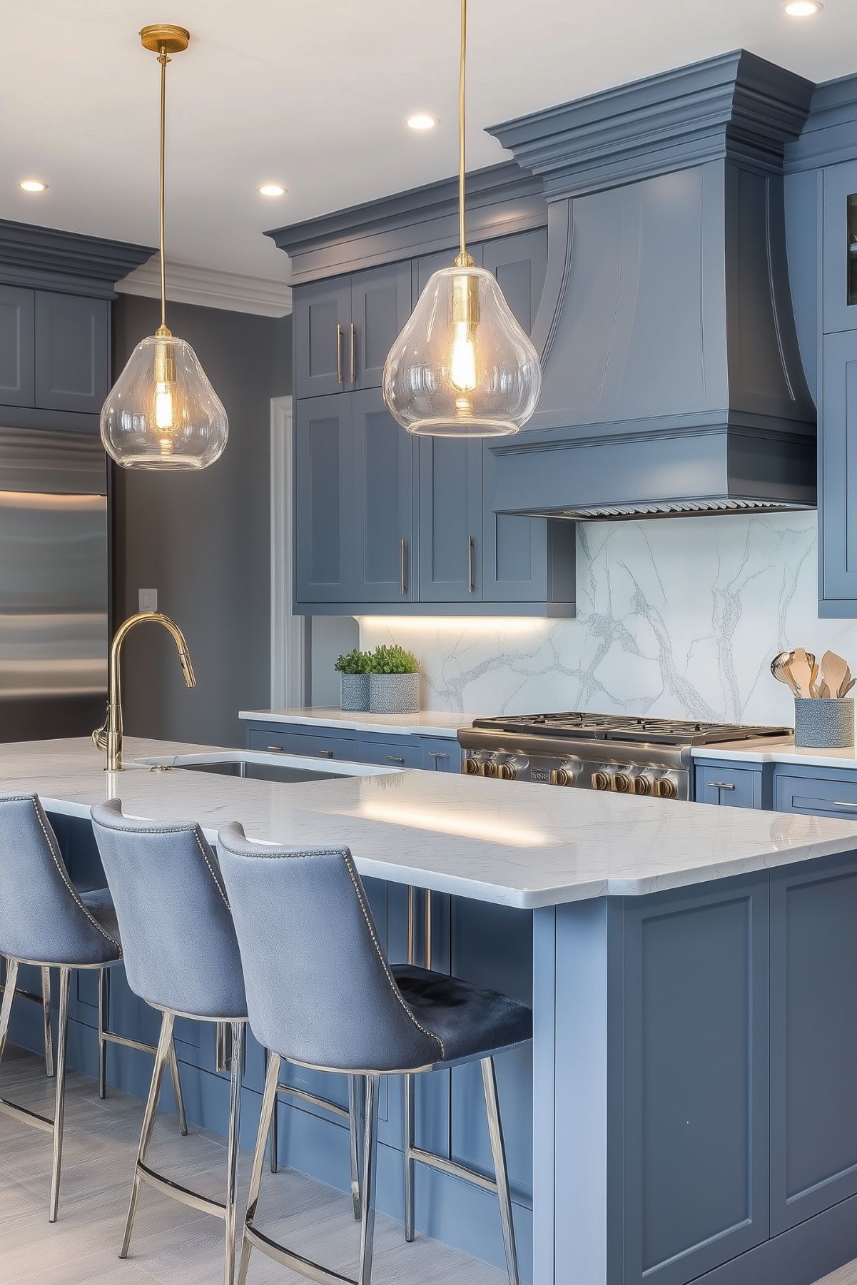 A modern kitchen with blue-gray cabinetry, marble countertops, and elegant glass pendant lights hanging above the island. The kitchen island features a built-in sink and seating with plush blue bar stools. A marble backsplash and gold accents complete the sophisticated look of the space.