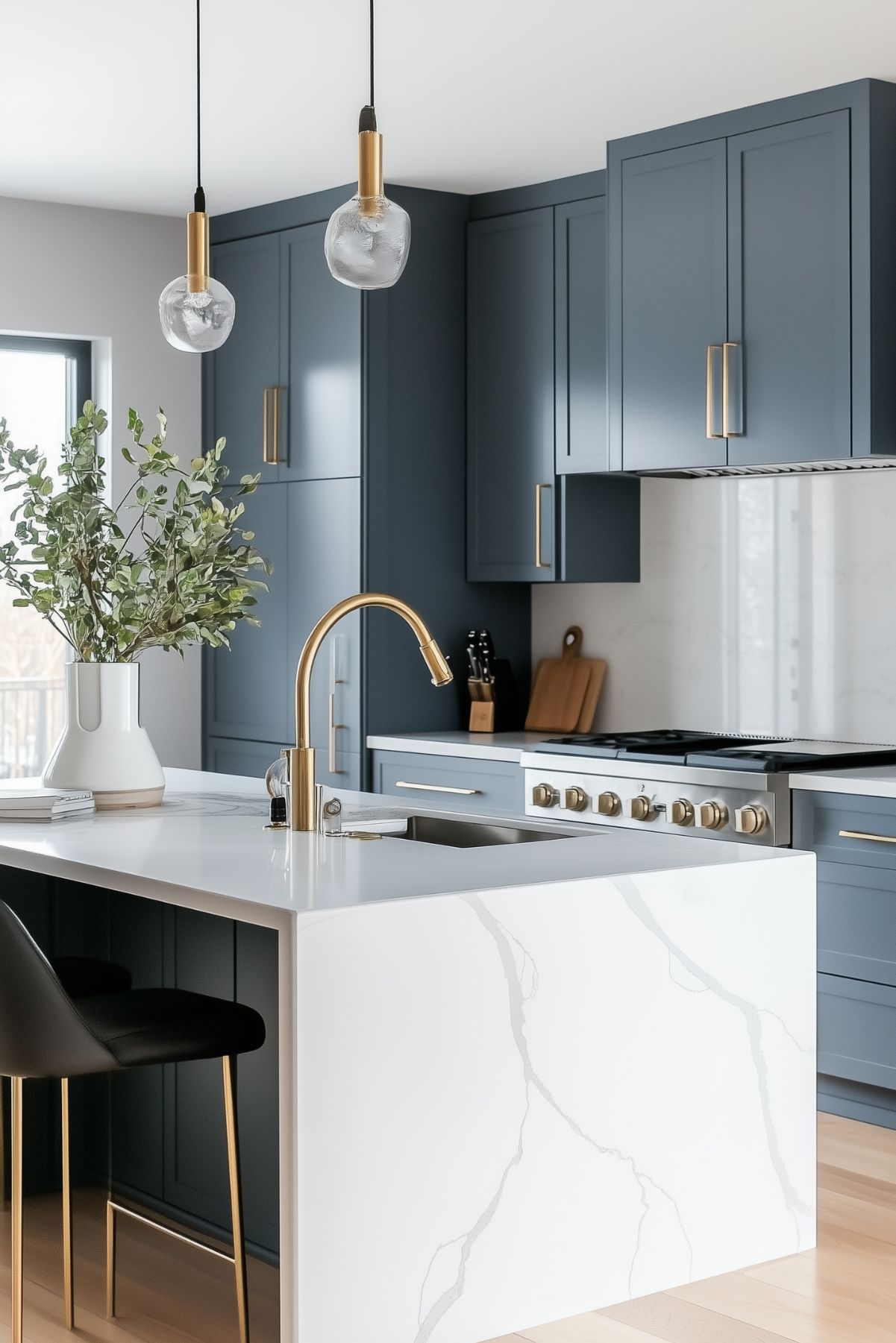 A contemporary kitchen with dark blue-gray cabinets, white marble countertops, and gold accents. The island features a waterfall marble design and is complemented by a gold faucet and pendant lights. The space is decorated with greenery in a white vase, adding a fresh and modern touch to the clean lines of the kitchen.