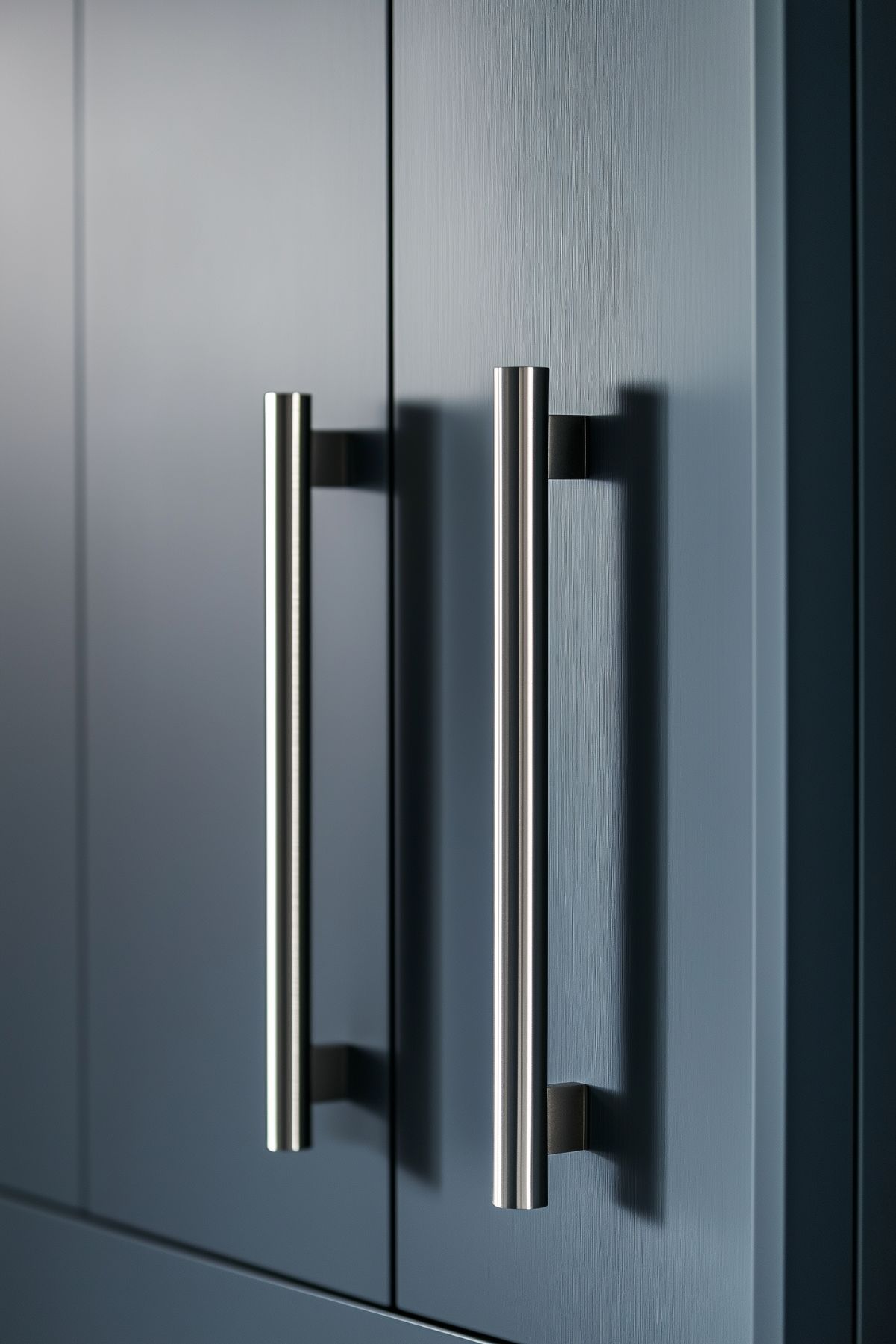 Close-up of modern stainless steel cabinet handles on sleek blue-gray kitchen cabinetry.