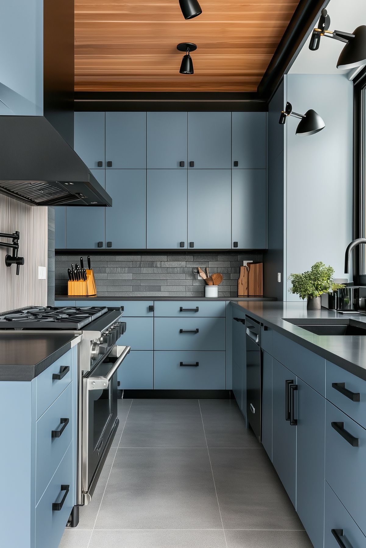 A sleek, modern kitchen with light blue-gray cabinets, black countertops, and black hardware. The space is accented with wood paneling on the ceiling, black lighting fixtures, and a gray tile backsplash.