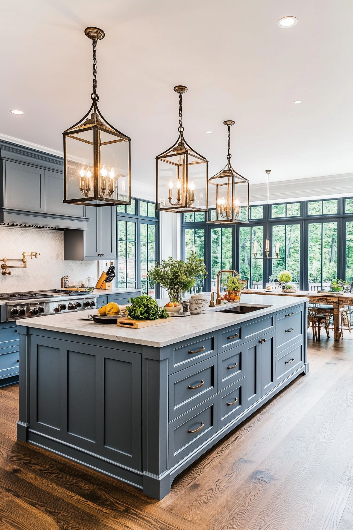 A spacious kitchen with blue-gray cabinetry, a large marble island, and brass fixtures. Three lantern-style pendant lights hang above the island, and the room features large windows that bring in natural light. The kitchen is decorated with fresh herbs and fruits.