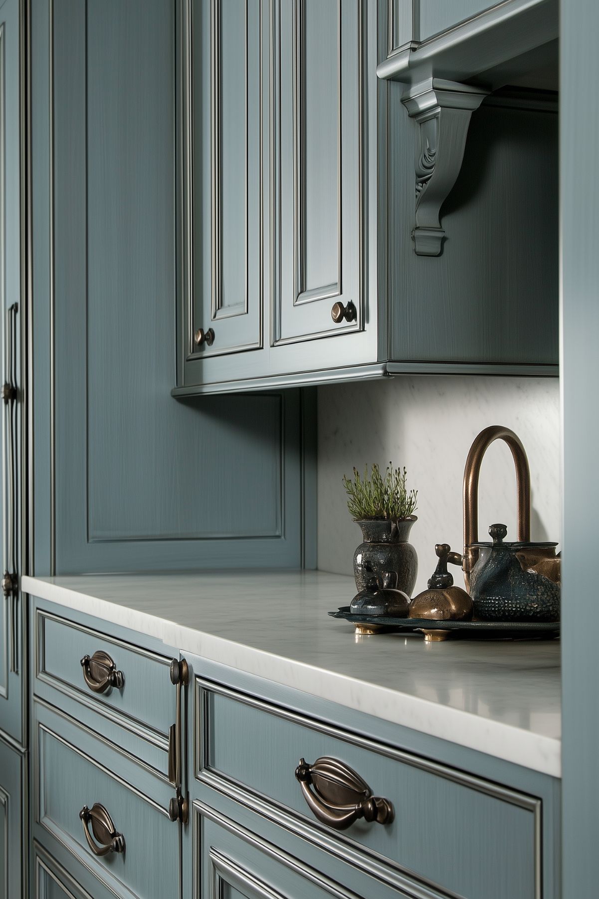 A traditional kitchen with intricately detailed blue-gray cabinets, bronze hardware, and a marble countertop. The space is styled with a decorative tray holding a tea set and a small herb plant, adding a touch of elegance to the countertop.






