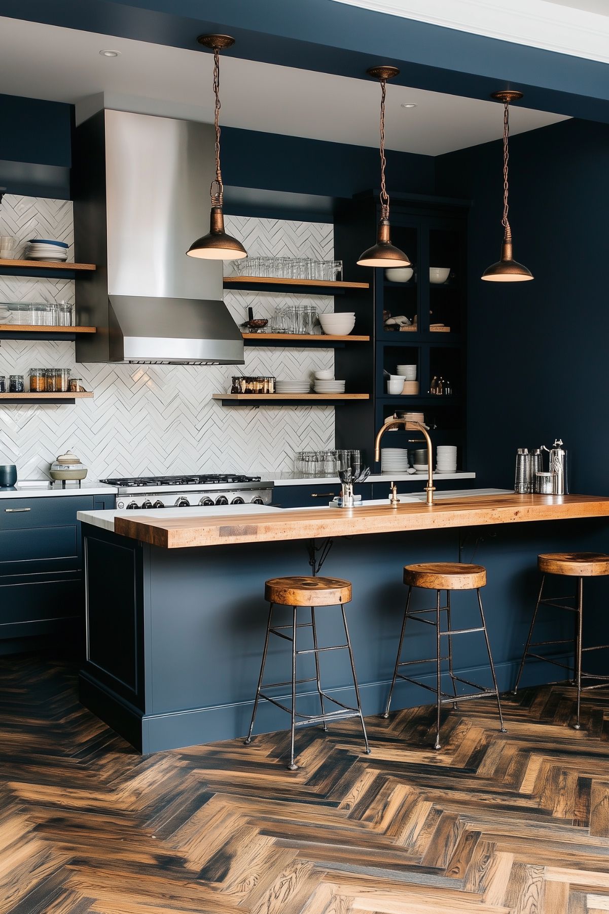 A modern-industrial kitchen with navy blue cabinetry and a large wooden island featuring a butcher block countertop. The space is accented with open wooden shelving and a stainless steel range hood. The herringbone-patterned wood flooring complements the rustic barstools and copper pendant lights, creating a warm yet contemporary atmosphere.