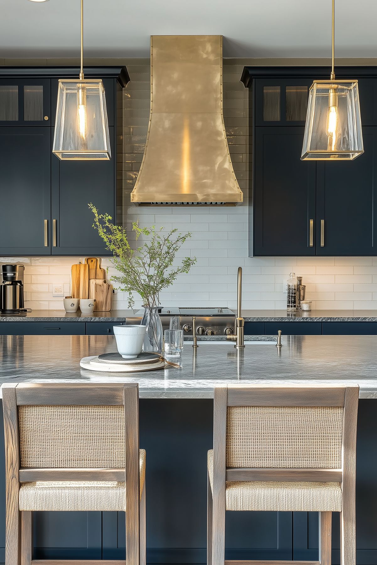 A chic kitchen featuring navy blue cabinetry, a brass range hood, and a large island with a polished countertop. The space is illuminated by two pendant lights with glass shades and brass accents. Wooden barstools with woven seats add a rustic touch, while greenery and modern decor create a fresh and inviting atmosphere.