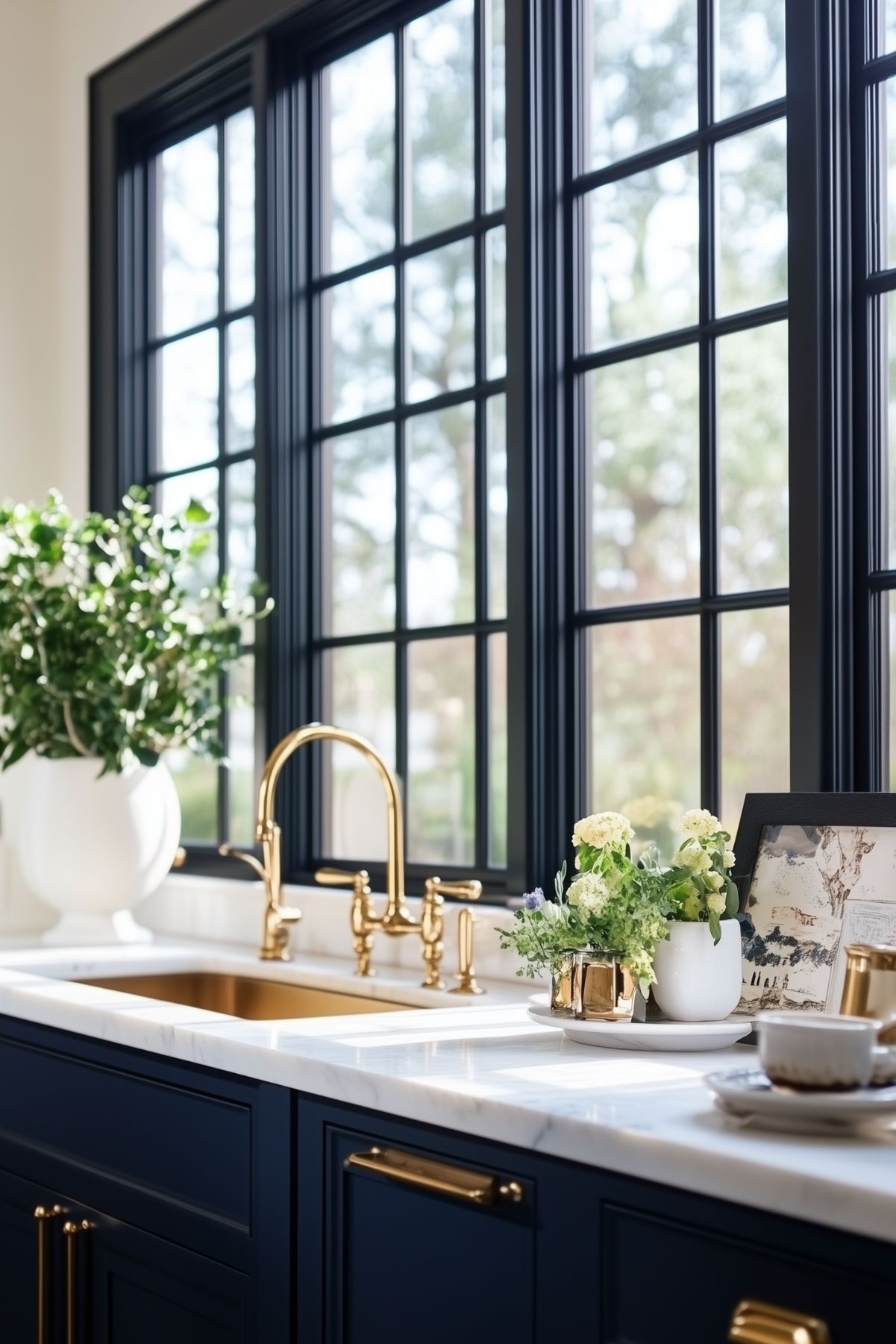 A bright kitchen with navy blue cabinetry, a white marble countertop, and brass fixtures. The large black-framed windows allow natural light to pour in, illuminating the gold sink and faucet. A vase of greenery and flowers adds a fresh touch, while framed artwork and a cup complete the elegant yet cozy decor.