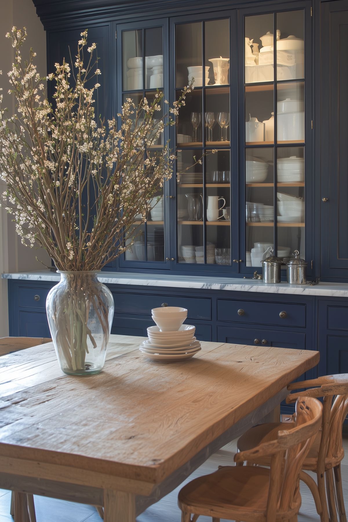 A rustic kitchen featuring navy blue cabinetry with glass-front doors, showcasing neatly arranged white dishware and glassware. The space is anchored by a large wooden dining table adorned with a glass vase of blooming branches, adding a natural touch. The combination of wood textures and deep blue tones creates a warm, inviting atmosphere.