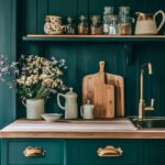 A charming kitchen corner with dark green cabinetry, brass hardware, and a light wood countertop. The open shelf above holds jars and ceramic pitchers, while cutting boards and a vase of dried flowers add a rustic touch next to the sink.