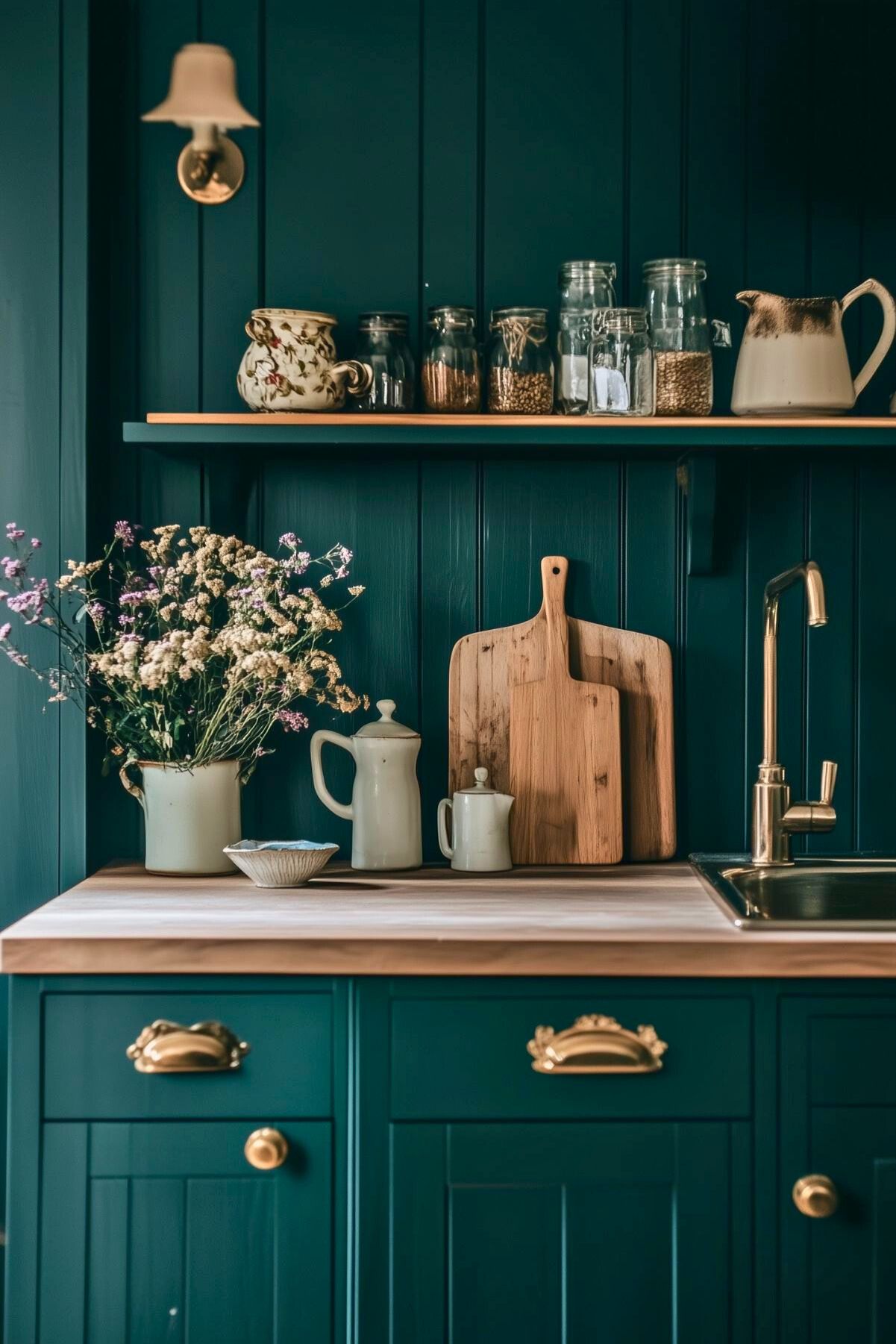 A charming kitchen corner with dark green cabinetry, brass hardware, and a light wood countertop. The open shelf above holds jars and ceramic pitchers, while cutting boards and a vase of dried flowers add a rustic touch next to the sink.