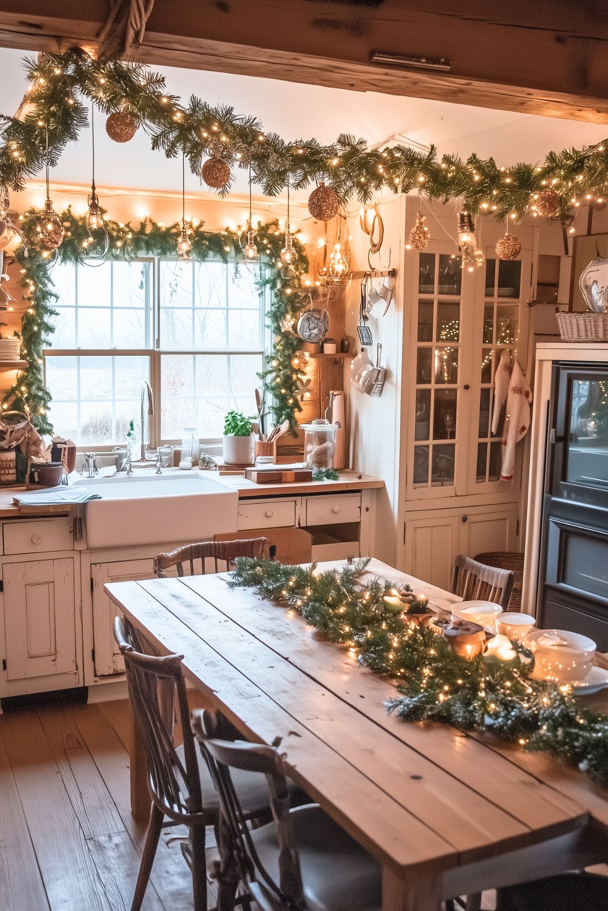 A cozy kitchen decorated for Christmas with greenery and string lights. A farmhouse-style wooden table features a garland centerpiece with twinkling lights and candles. The window above the white farmhouse sink is framed with a garland of lights, and more garlands hang from the ceiling, adorned with hanging bulbs and gold ornaments. The kitchen cabinets are a cream color, and shelves hold kitchen essentials and holiday decor. The overall look is rustic and warm, with festive touches enhancing the cozy atmosphere.