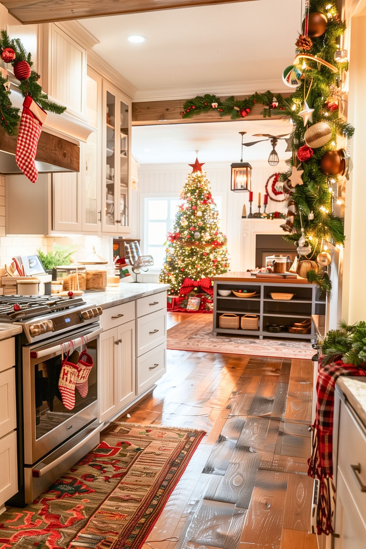 A festive kitchen decorated for Christmas with a view into a cozy living room. The kitchen features light cabinetry, stainless steel appliances, and a wooden floor with patterned holiday rugs. Red and white stockings hang from the oven handle, and garlands with ornaments and lights are draped around the doorway. In the background, a Christmas tree with multicolored lights and red accents stands near the fireplace, with wrapped presents underneath. The living room mantel is decorated with more greenery and wreaths, adding to the cheerful holiday atmosphere.