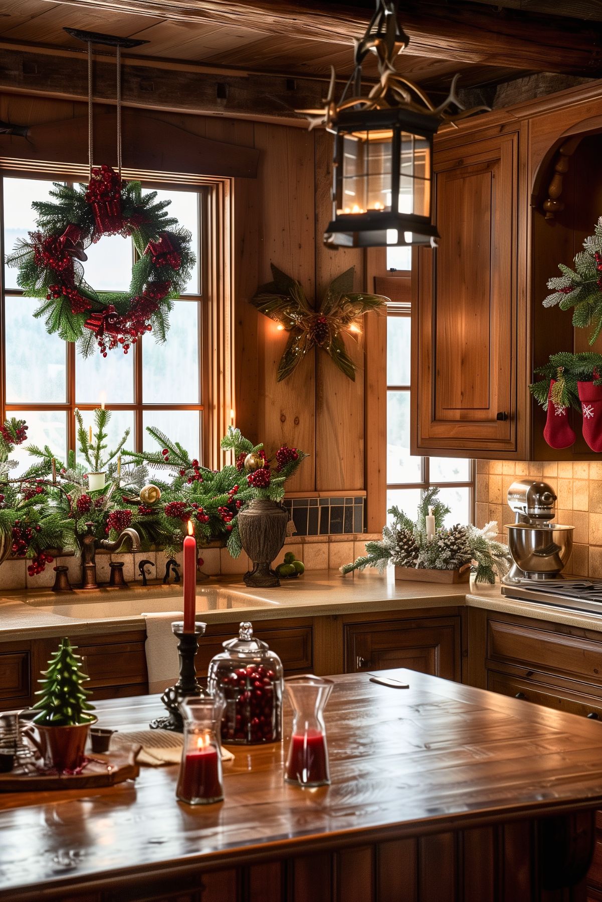 A rustic kitchen decorated for Christmas, with wooden cabinets and a cozy, festive feel. A wreath with red accents hangs in the window, while garlands with ornaments and candles are placed along the windowsill and countertop. The wooden kitchen island is adorned with candles and holiday decor, including a small glass jar filled with cranberries. Red stockings hang from the cabinets, adding to the holiday theme. The warm lighting and natural wood elements give the space a welcoming, cabin-like atmosphere, perfect for the holiday season.