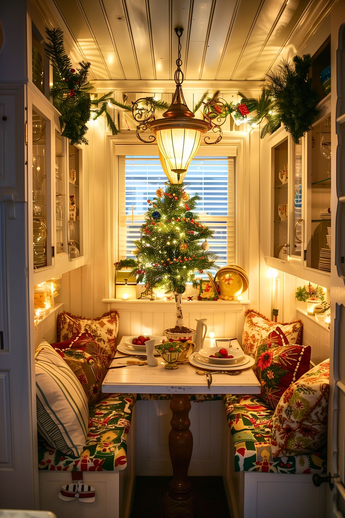 A cozy breakfast nook beautifully decorated for Christmas. The small space features a built-in bench with festive cushions and a wooden table set with white dinnerware. A small, decorated Christmas tree with twinkling lights is the focal point, placed in front of the window. Garland and string lights are draped across the shelves and cabinets, adding a warm glow to the room. The ambiance is intimate and inviting, with holiday decor carefully arranged to create a cheerful and festive atmosphere in this charming space.