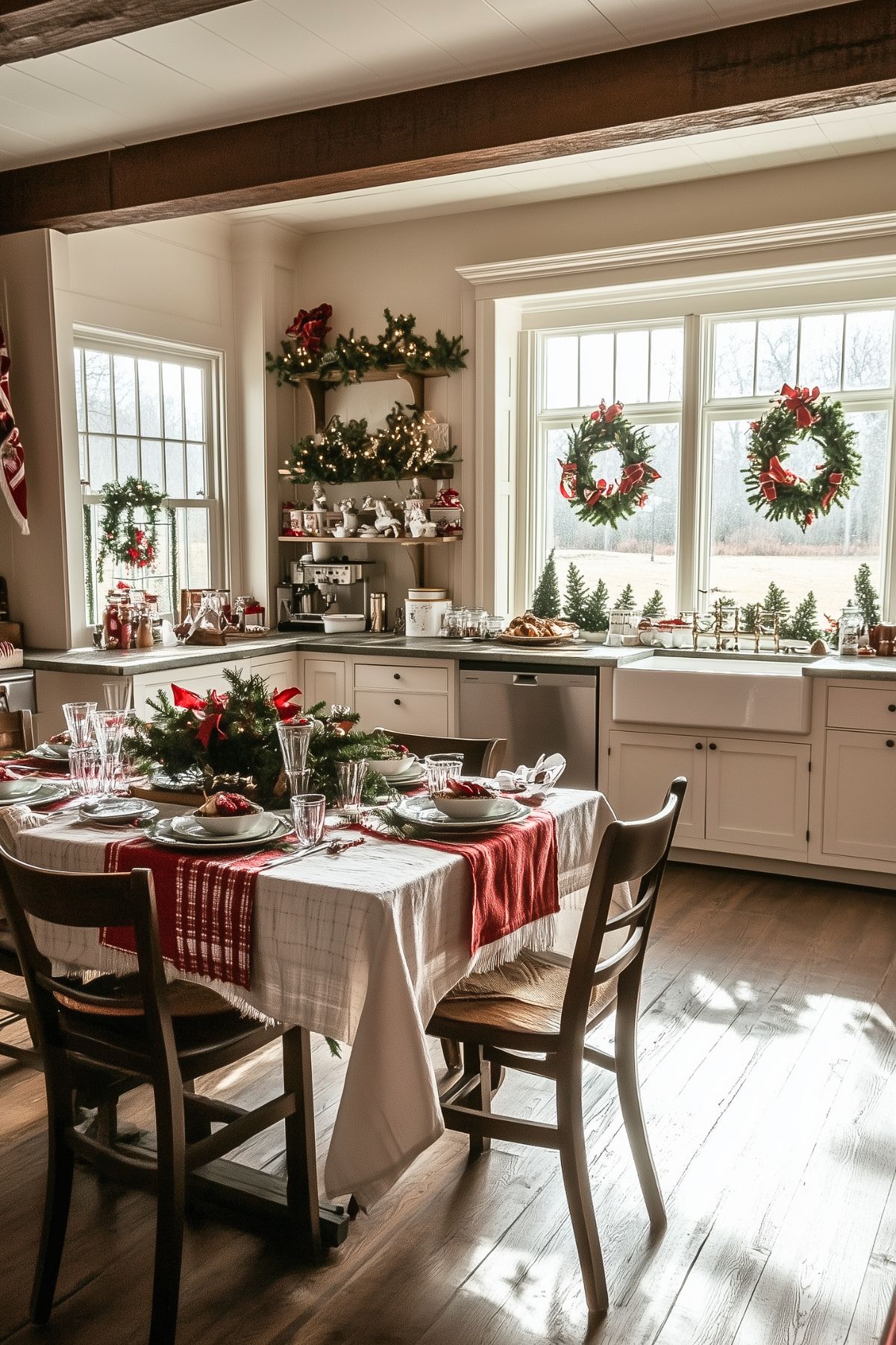 A charming kitchen decorated for Christmas, with a farmhouse-style table set for a festive meal. The table features a red and white tablecloth, holiday-themed plates, and a centerpiece made of greenery, pinecones, and red bows. The kitchen has a classic white farmhouse sink, with wreaths adorned with red ribbons hanging in the windows. Shelves are decorated with holiday greenery and ceramic Christmas figures, while the counters are topped with holiday treats and drinks. The natural light streaming in from the windows enhances the warm and cozy holiday atmosphere.