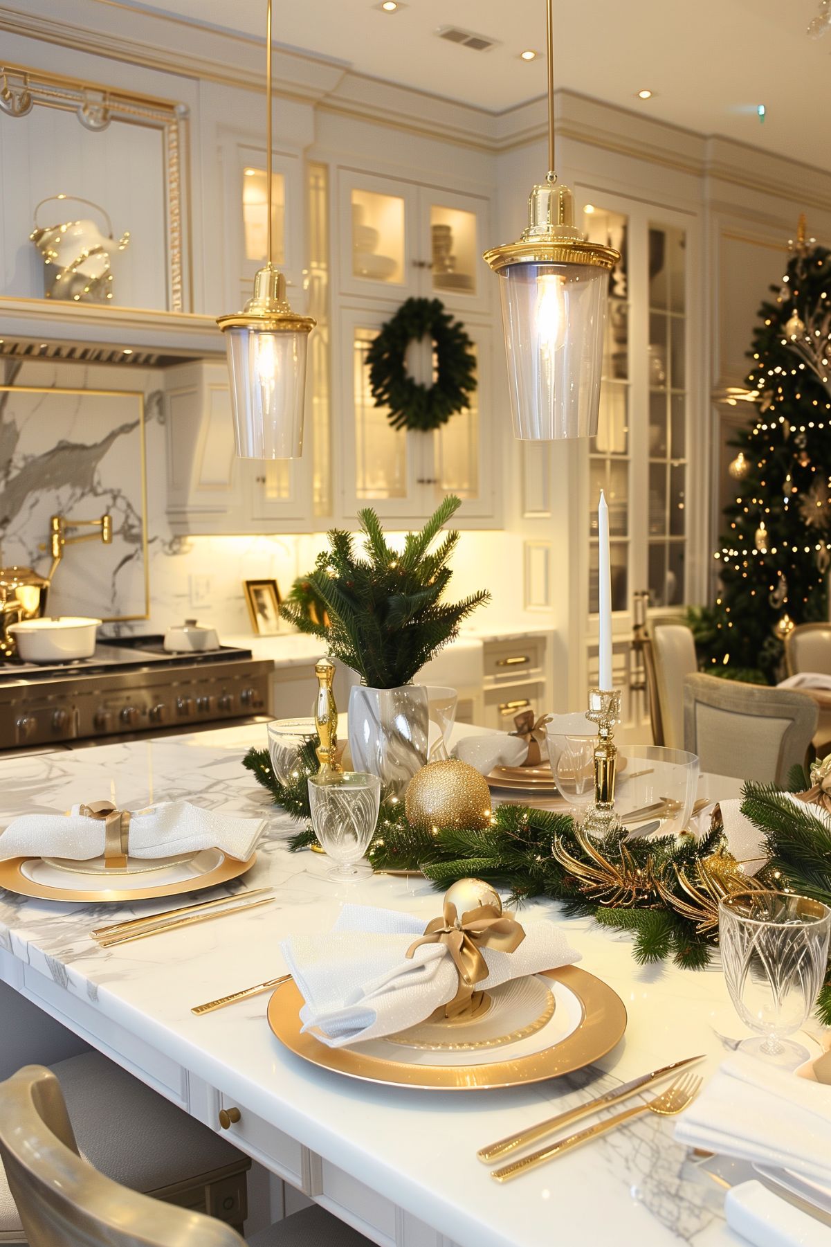 A luxurious kitchen decorated for Christmas with gold and white accents. The marble kitchen island is set with elegant gold-rimmed plates, white napkins tied with gold ribbon, crystal glasses, and gold flatware. A festive centerpiece made of greenery, gold ornaments, and candles adds a holiday touch to the table. The kitchen features white cabinetry with gold hardware, and a wreath hangs on one of the cabinet doors. In the background, a Christmas tree with white lights and gold ornaments completes the sophisticated holiday decor.