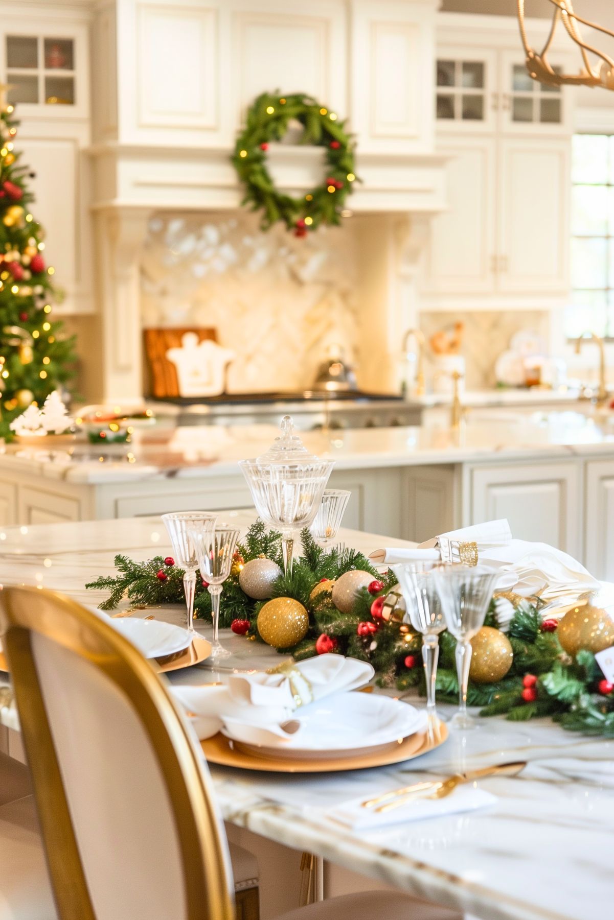 An elegant kitchen decorated for Christmas, with a beautifully set table featuring gold-rimmed plates, crystal glassware, and white napkins tied with gold napkin rings. A festive centerpiece made of greenery, gold ornaments, and red accents runs along the center of the marble countertop. In the background, a Christmas wreath with lights hangs over the stove, and a Christmas tree with white and gold decorations stands near the kitchen island. The light and airy space is enhanced by the soft glow of holiday lights, creating a sophisticated and festive atmosphere.