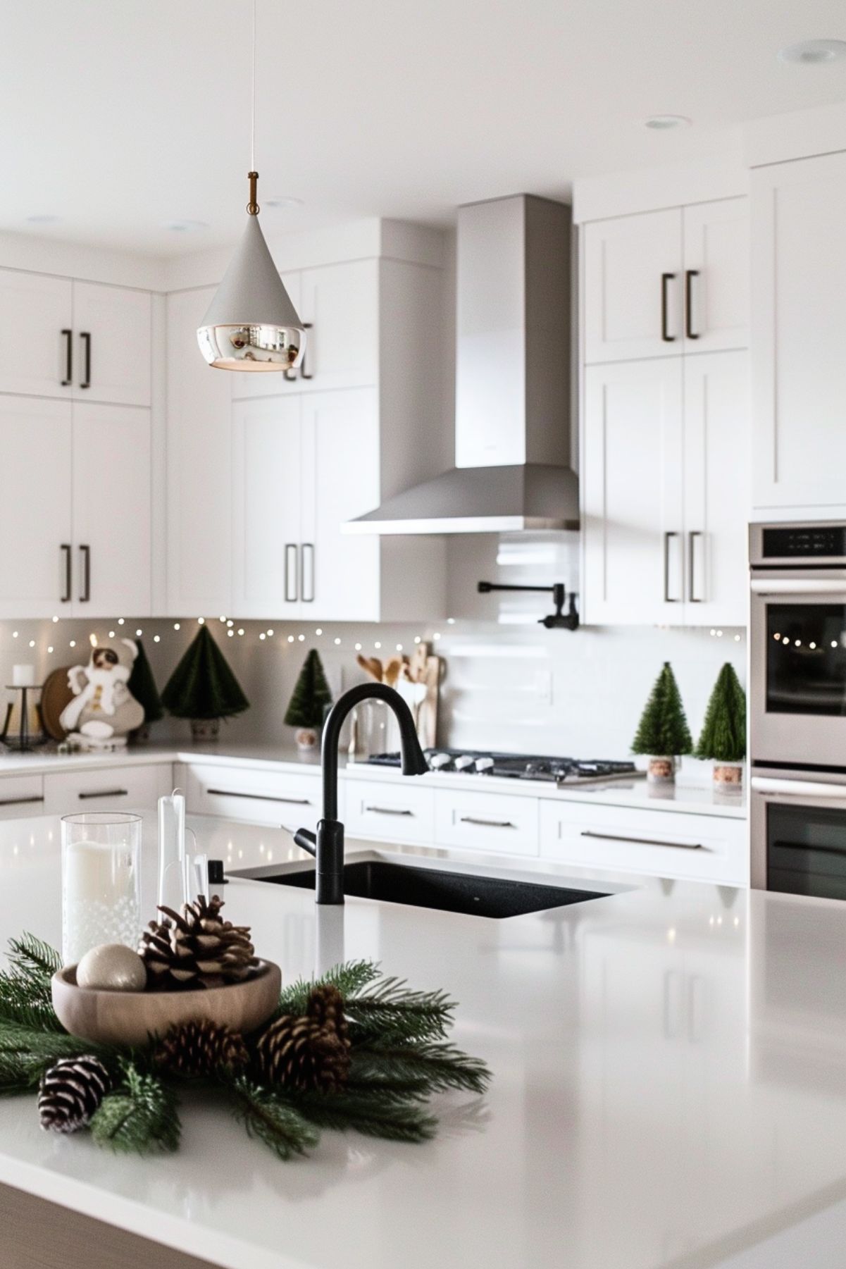 A modern, minimalist kitchen decorated for Christmas. The white cabinetry and countertops create a clean and bright look, accented by small holiday decorations. Miniature Christmas trees line the backsplash, and subtle string lights add a festive touch. On the island, a simple centerpiece of greenery, pinecones, and ornaments sits alongside a candle in a glass holder. The sleek black faucet and stainless steel appliances complement the contemporary style, while the holiday decor adds warmth and cheer to the space.