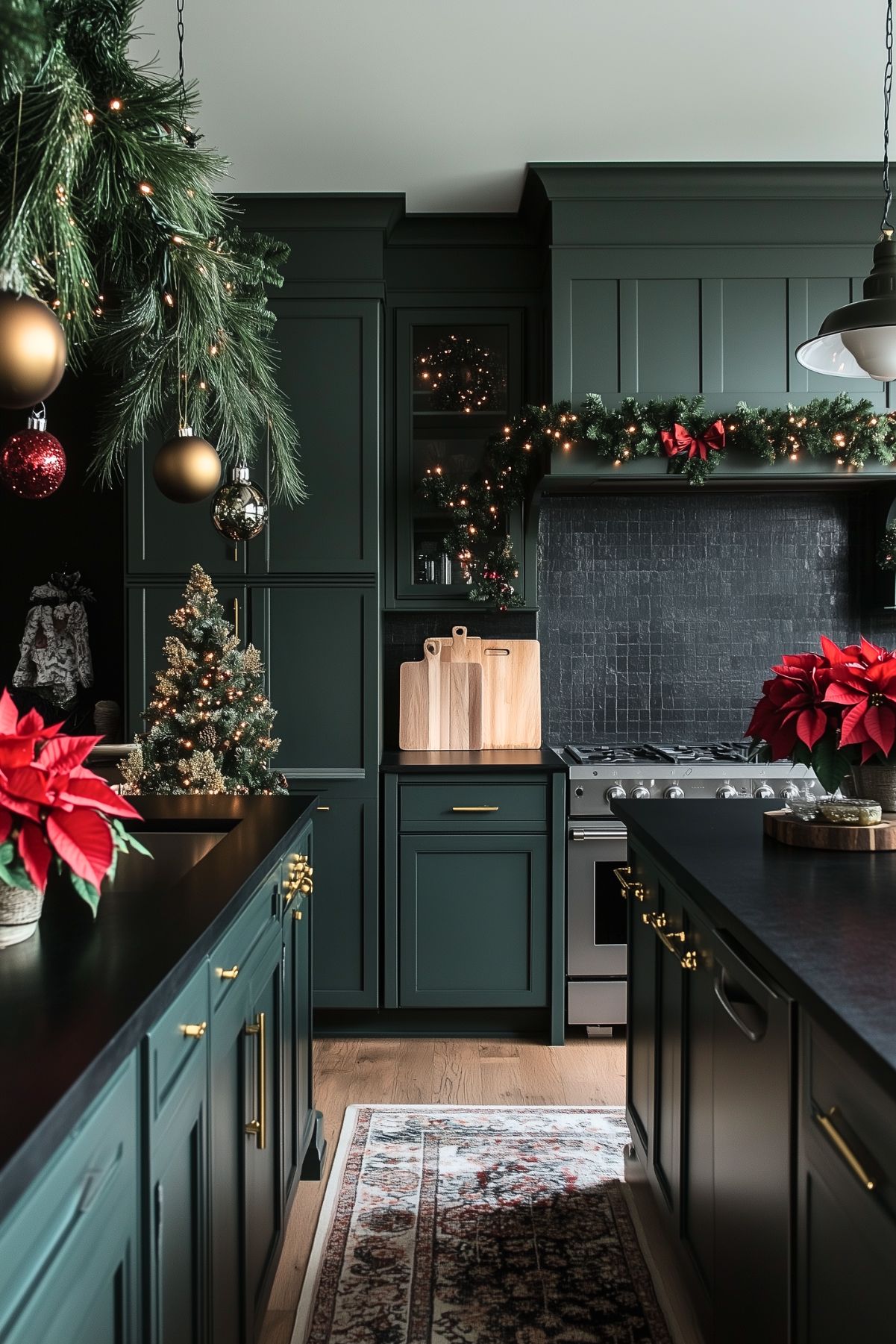 A beautifully decorated kitchen for Christmas with a moody, dark green color scheme. The cabinets are a rich forest green, accented with gold hardware, and the dark countertops enhance the overall elegant feel. A garland with lights and red bows is draped over the stove hood, adding a festive touch. A small, decorated Christmas tree and poinsettia plants bring holiday cheer to the space. Hanging from the ceiling, ornaments and greenery add more warmth to the kitchen. Wooden cutting boards and a vintage rug on the floor complement the cozy yet sophisticated atmosphere.