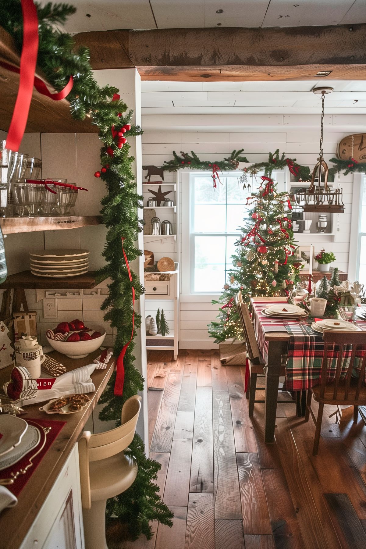 A cozy, rustic kitchen and dining area beautifully decorated for Christmas. The space features wooden floors and shiplap walls, with festive garlands trimmed with red ribbons adorning the doorways and windows. The dining table is set with plaid tablecloths and matching napkins, creating a warm and inviting feel. A small Christmas tree with twinkling lights and red ornaments stands near the window, adding holiday cheer. The kitchen shelves are lined with seasonal decor, including bowls filled with ornaments and holiday-themed plates, enhancing the festive atmosphere. The overall look is charming and full of Christmas spirit.